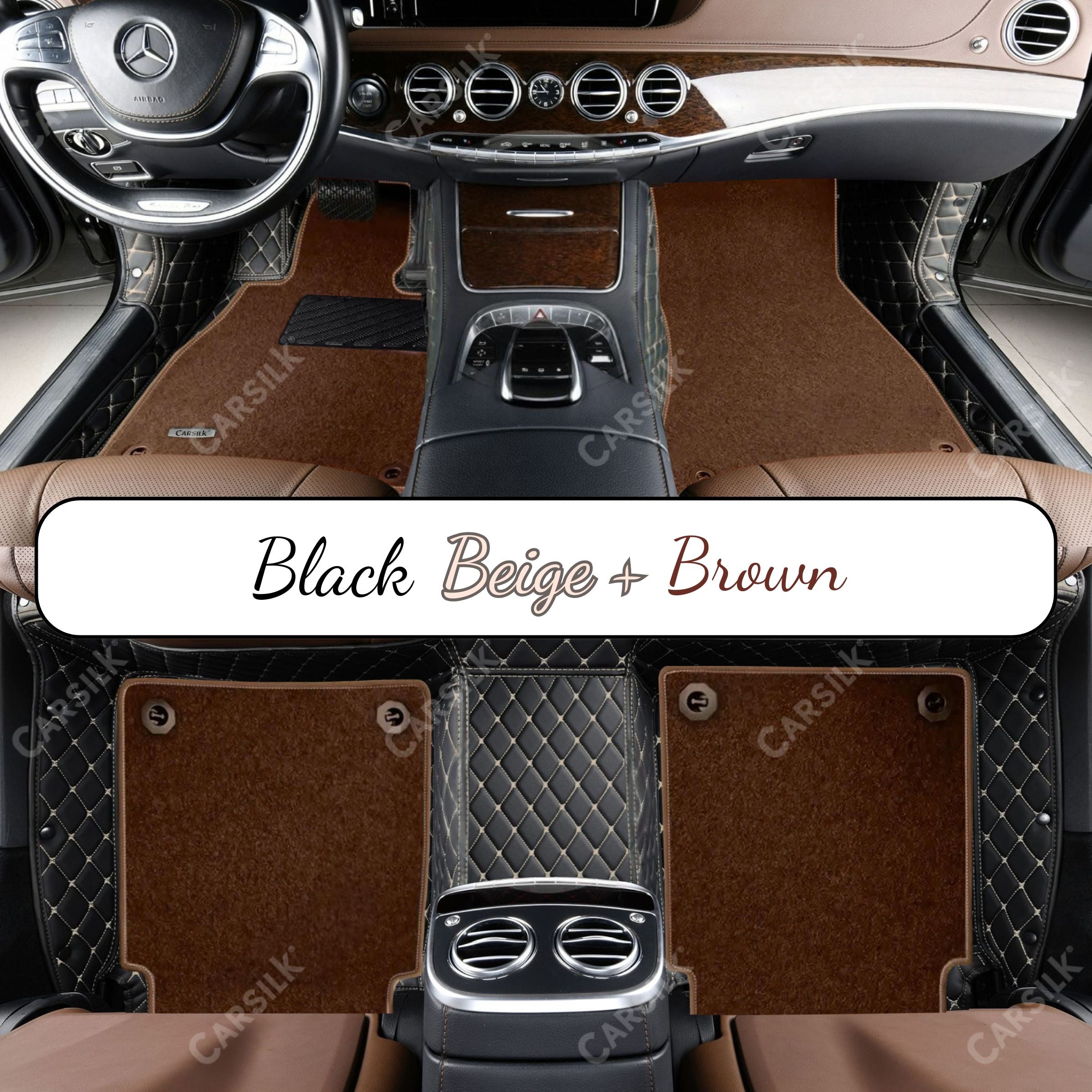 BLACK & BEIGE STITCHING DIAMOND BASE WITH BROWN TOP CARPET DOUBLE LAYER CAR MAT SET