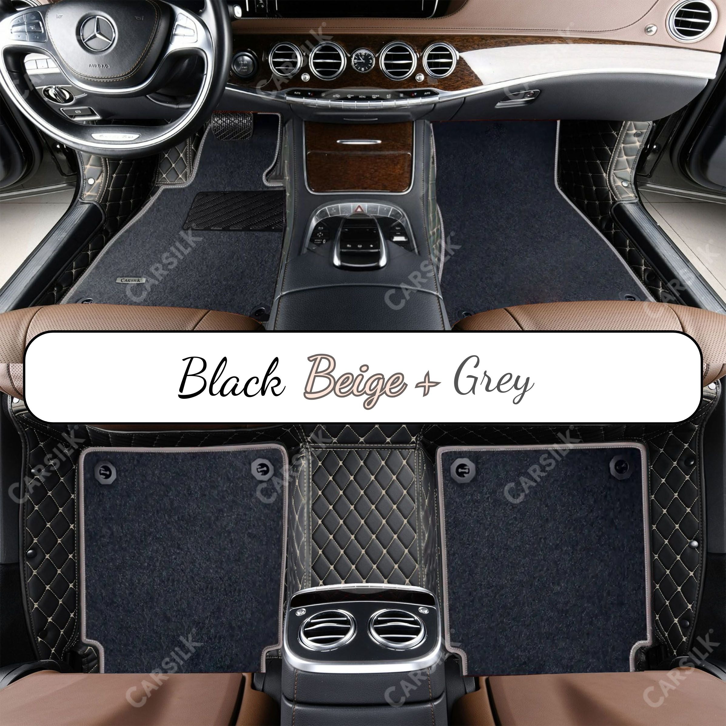 BLACK & BEIGE STITCHING DIAMOND BASE WITH GRAY TOP CARPET DOUBLE LAYER CAR MAT SET