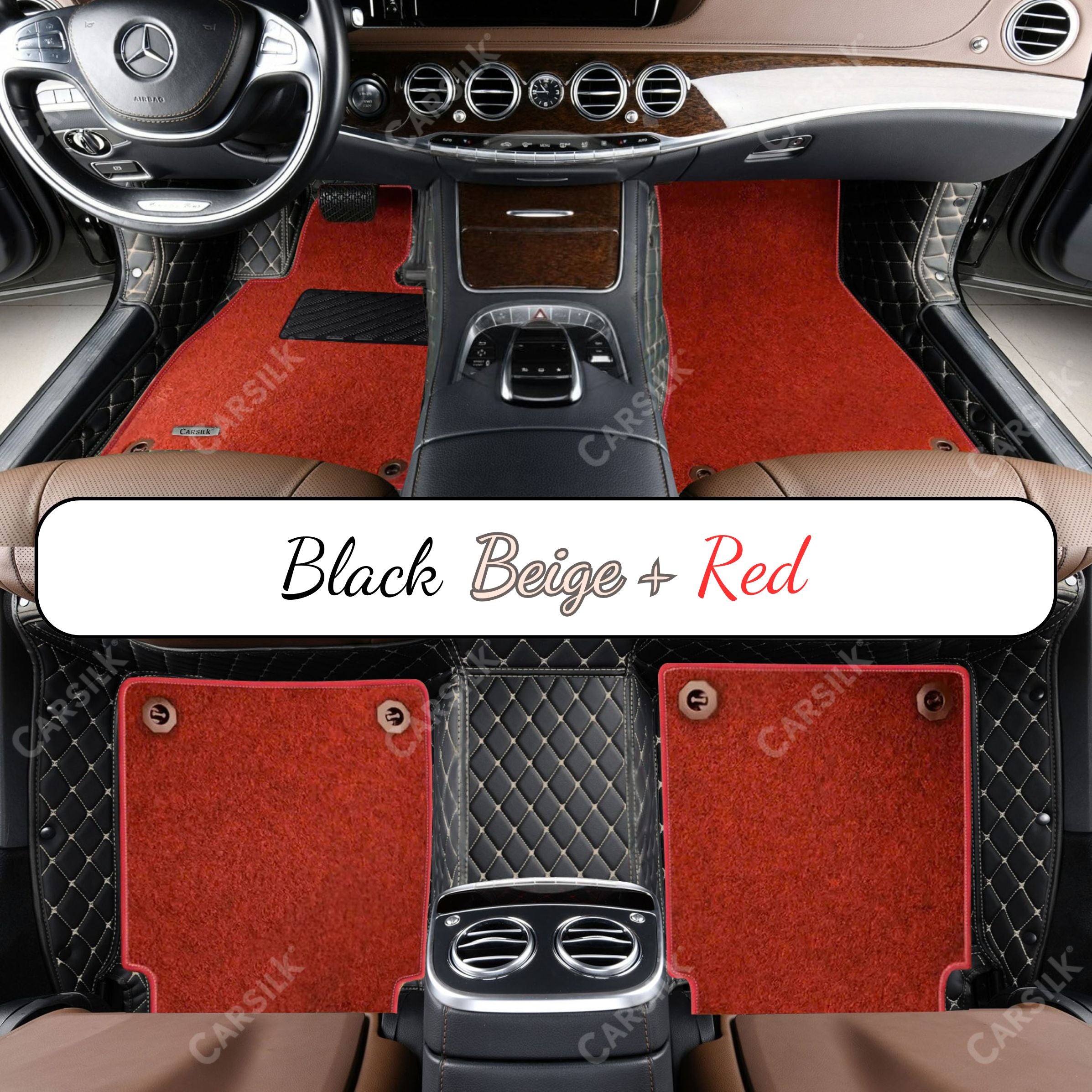 BLACK & BEIGE STITCHING DIAMOND BASE WITH RED TOP CARPET DOUBLE LAYER CAR MAT SET