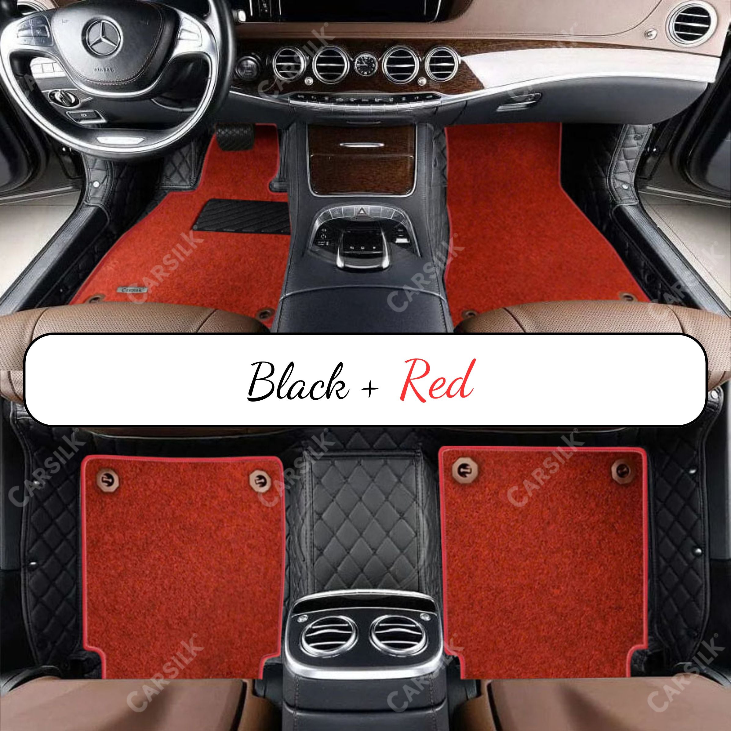 BLACK & BLACK STITCHING DIAMOND BASE WITH RED TOP CARPET DOUBLE LAYER CAR MAT SET