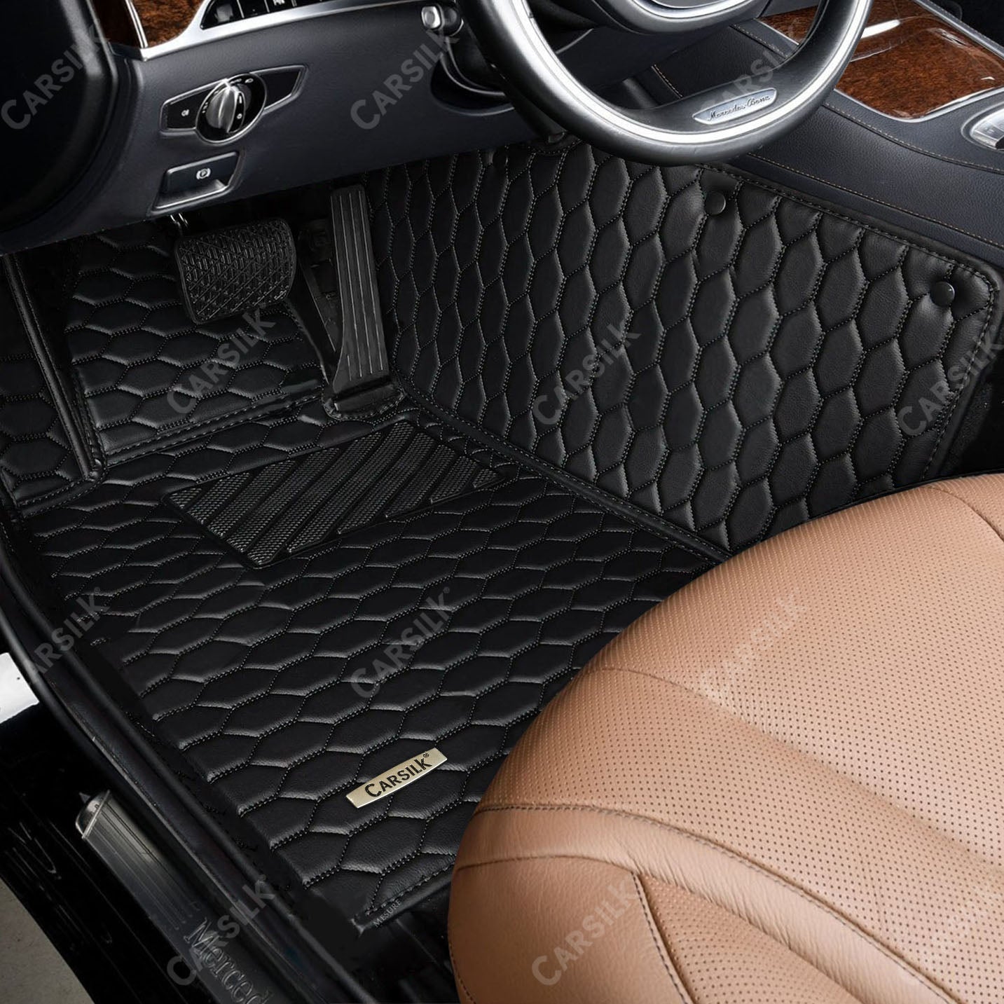 Alternative view of BLACK & BLACK STITCHING HONEY COMB LUXURY CAR MATS SET