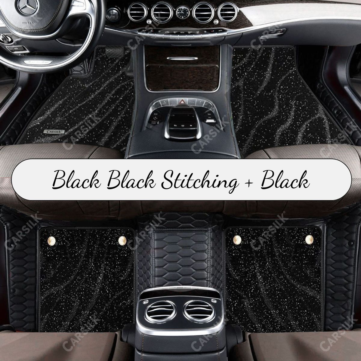 BLACK & BLACK STITCHING HONEYCOMB BASE WITH BLACK TOP CARPET DOUBLE LAYER GALAXY CAR MAT SET