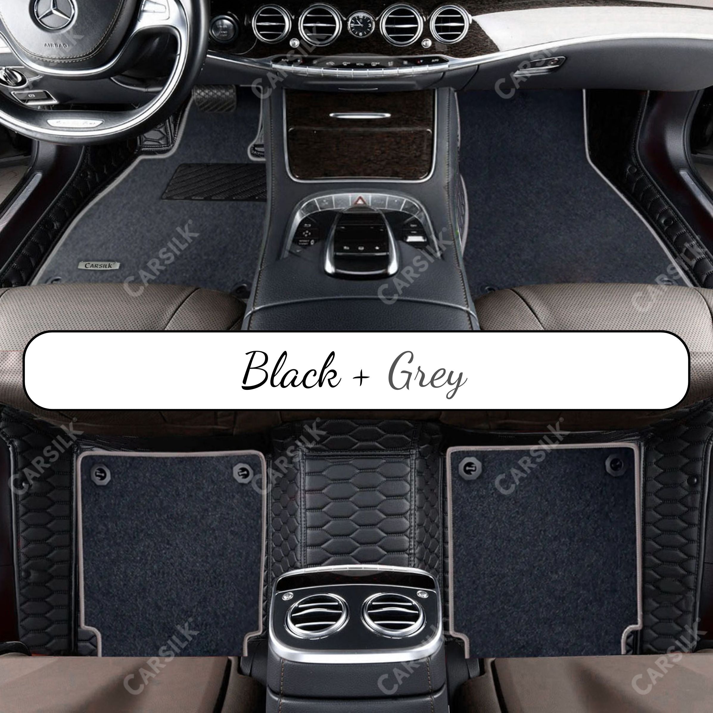 BLACK & BLACK STITCHING HONEYCOMB BASE WITH GRAY TOP CARPET DOUBLE LAYER CAR MAT SET