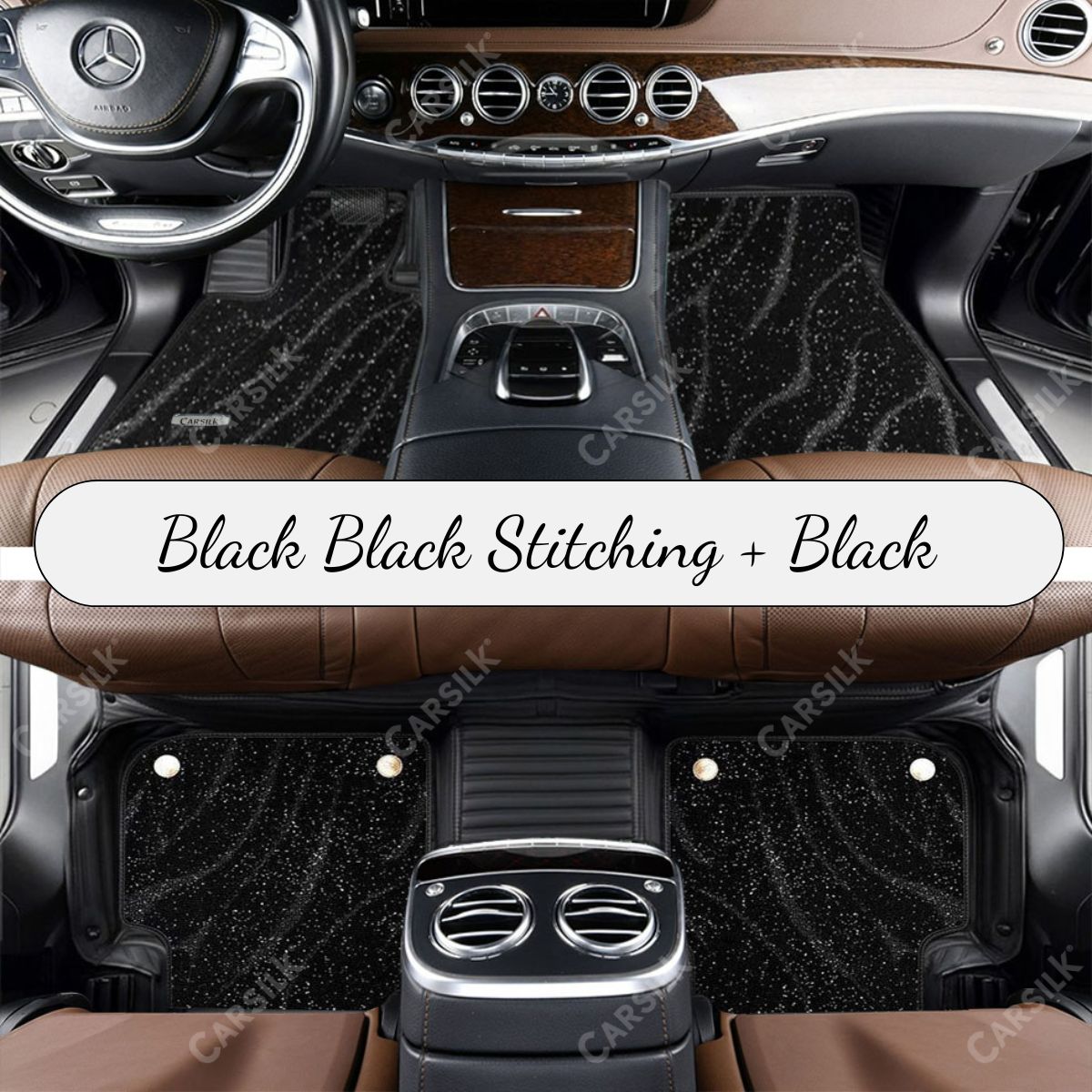 BLACK & BLACK STITCHING STRIPE BASE WITH BLACK TOP CARPET DOUBLE LAYER GALAXY CAR MAT SET