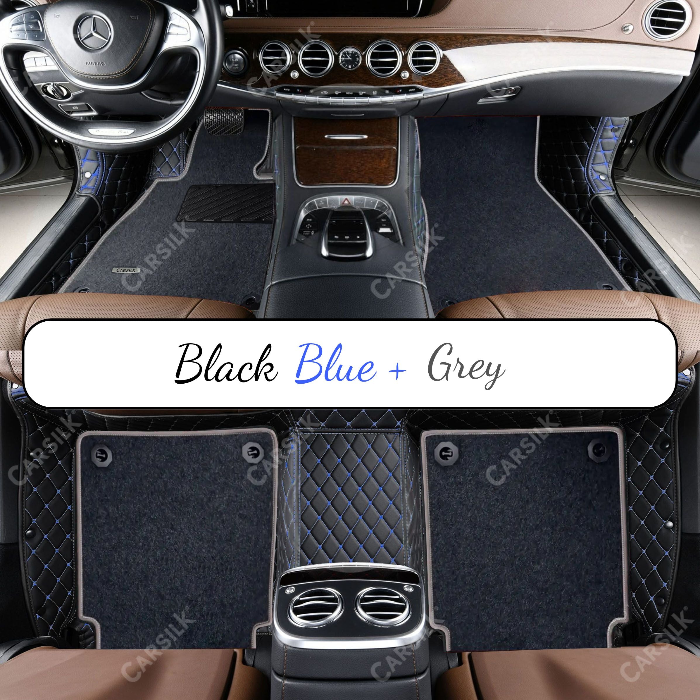 BLACK & BLUE STITCHING DIAMOND BASE WITH GRAY TOP CARPET DOUBLE LAYER CAR MAT SET