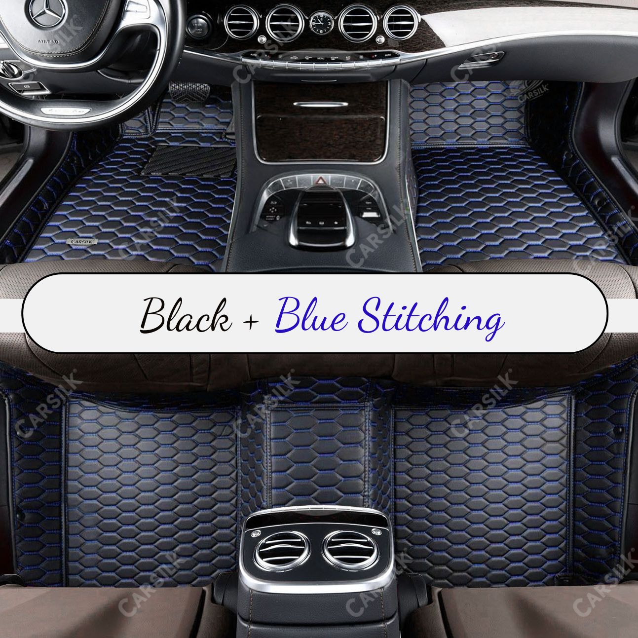 BLACK & BLUE STITCHING HONEY COMB LUXURY CAR MATS SET