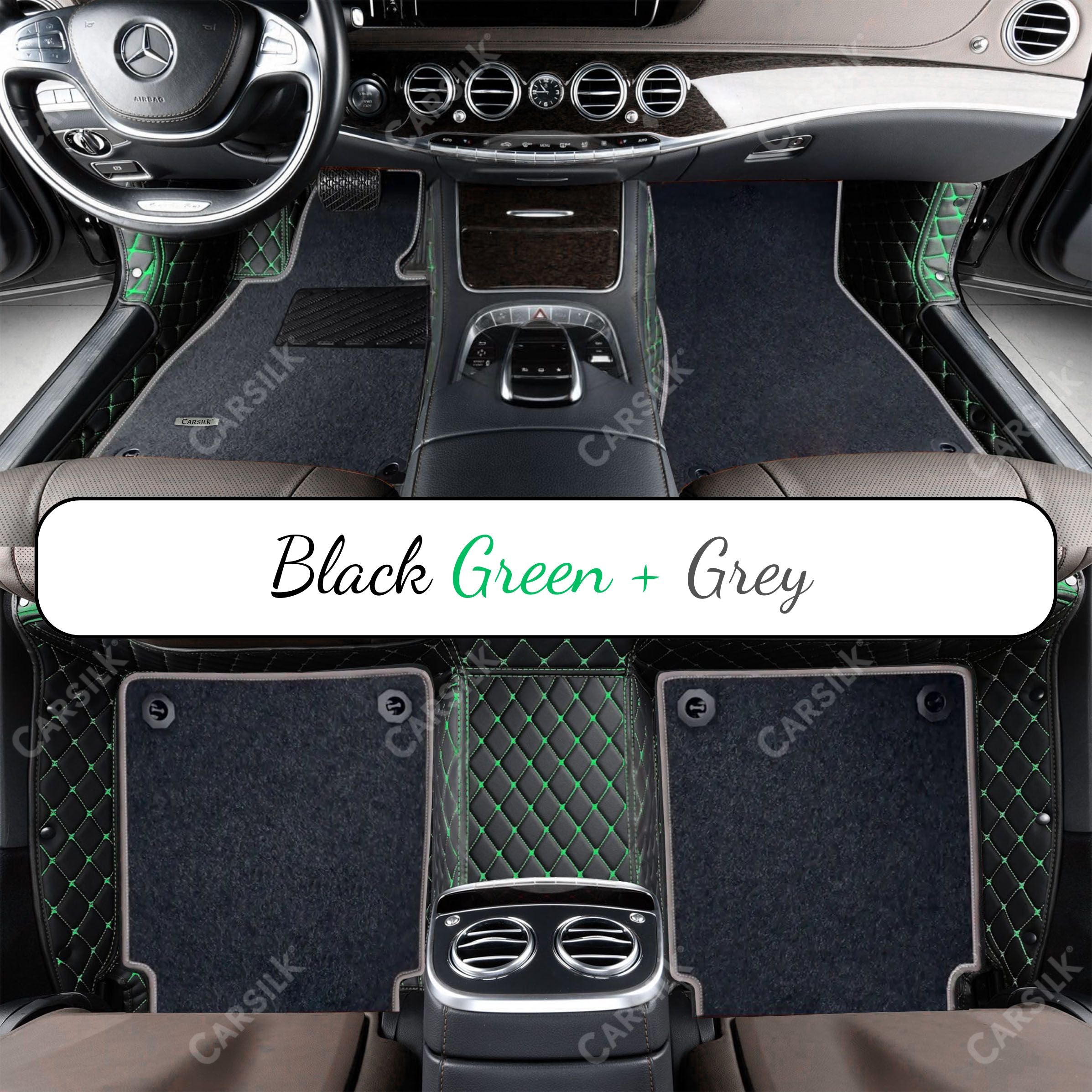 BLACK & GREEN STITCHING DIAMOND BASE WITH GRAY TOP CARPET DOUBLE LAYER CAR MAT SET