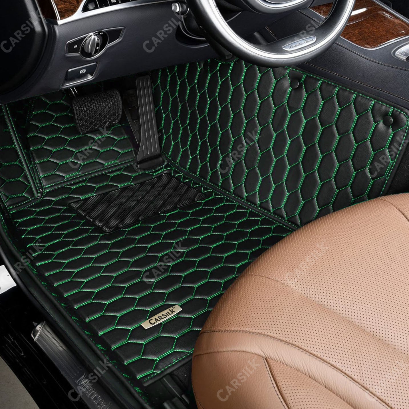 Alternative view of BLACK & GREEN STITCHING HONEY COMB LUXURY CAR MATS SET