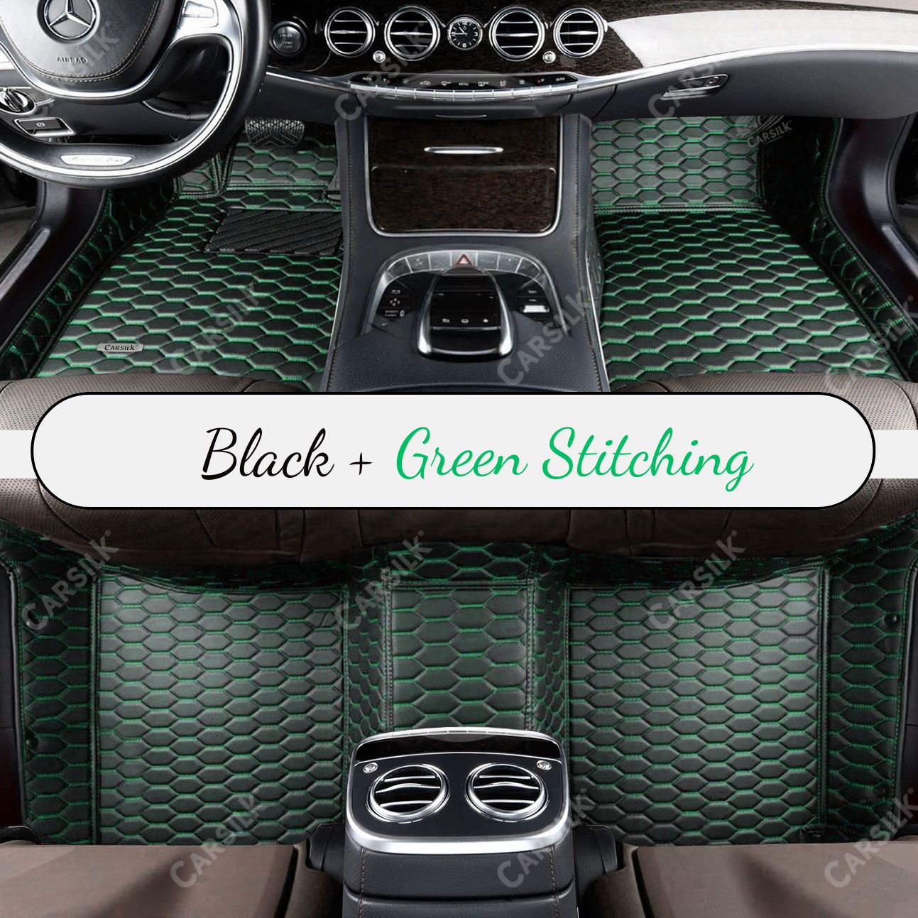 BLACK & GREEN STITCHING HONEY COMB LUXURY CAR MATS SET