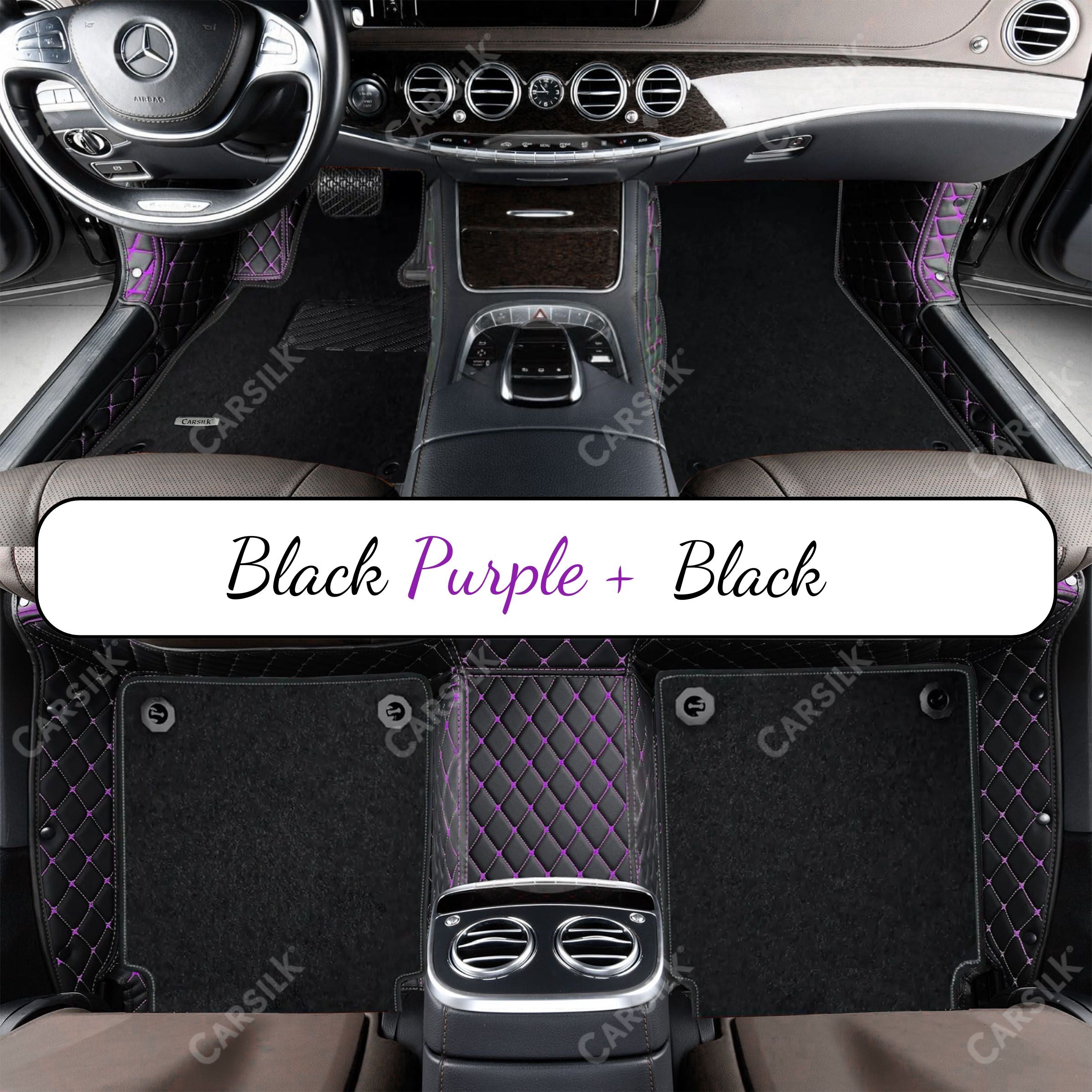 BLACK & PURPLE STITCHING DIAMOND BASE WITH BLACK TOP CARPET DOUBLE LAYER CAR MAT SET