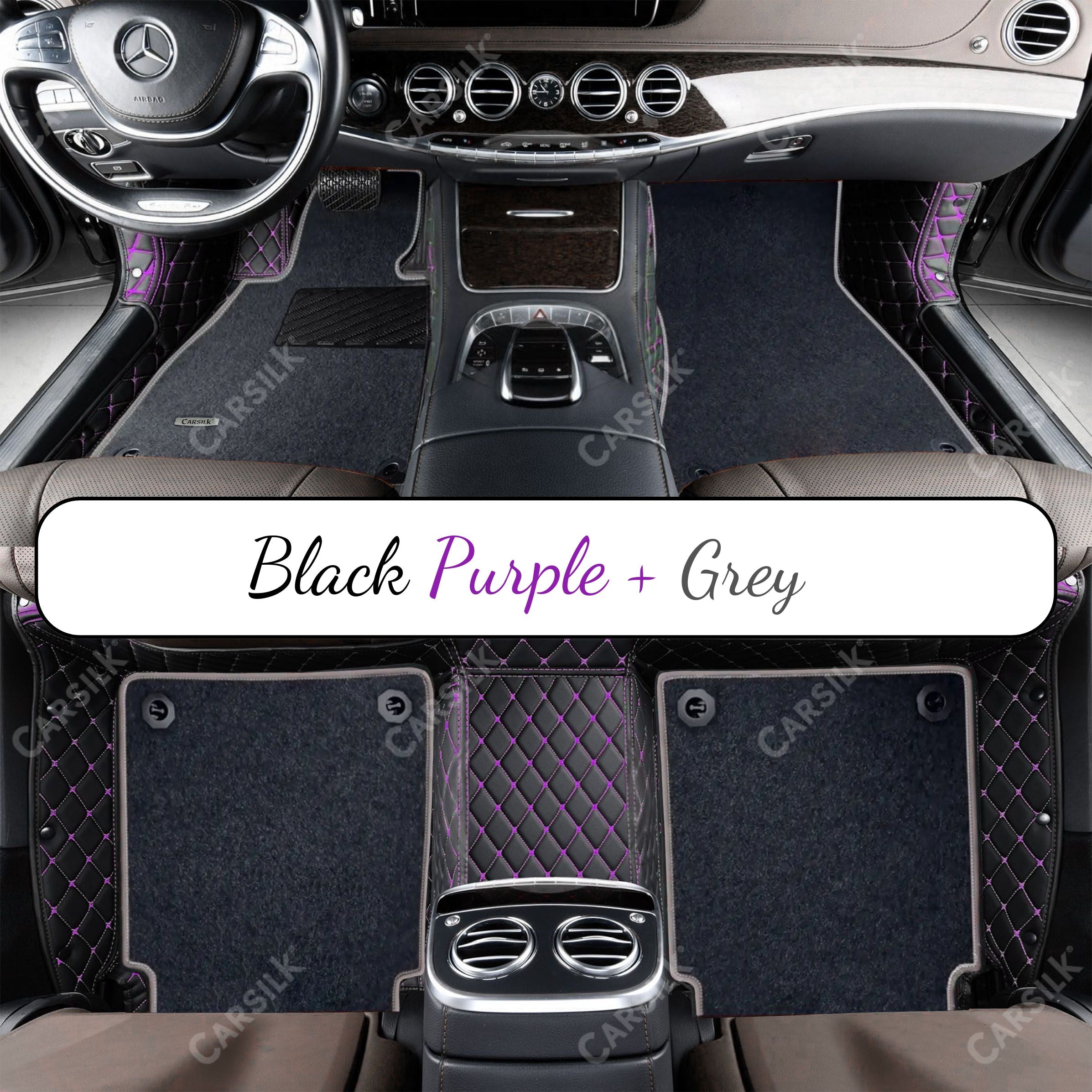 BLACK & PURPLE STITCHING DIAMOND BASE WITH GRAY TOP CARPET DOUBLE LAYER CAR MAT SET