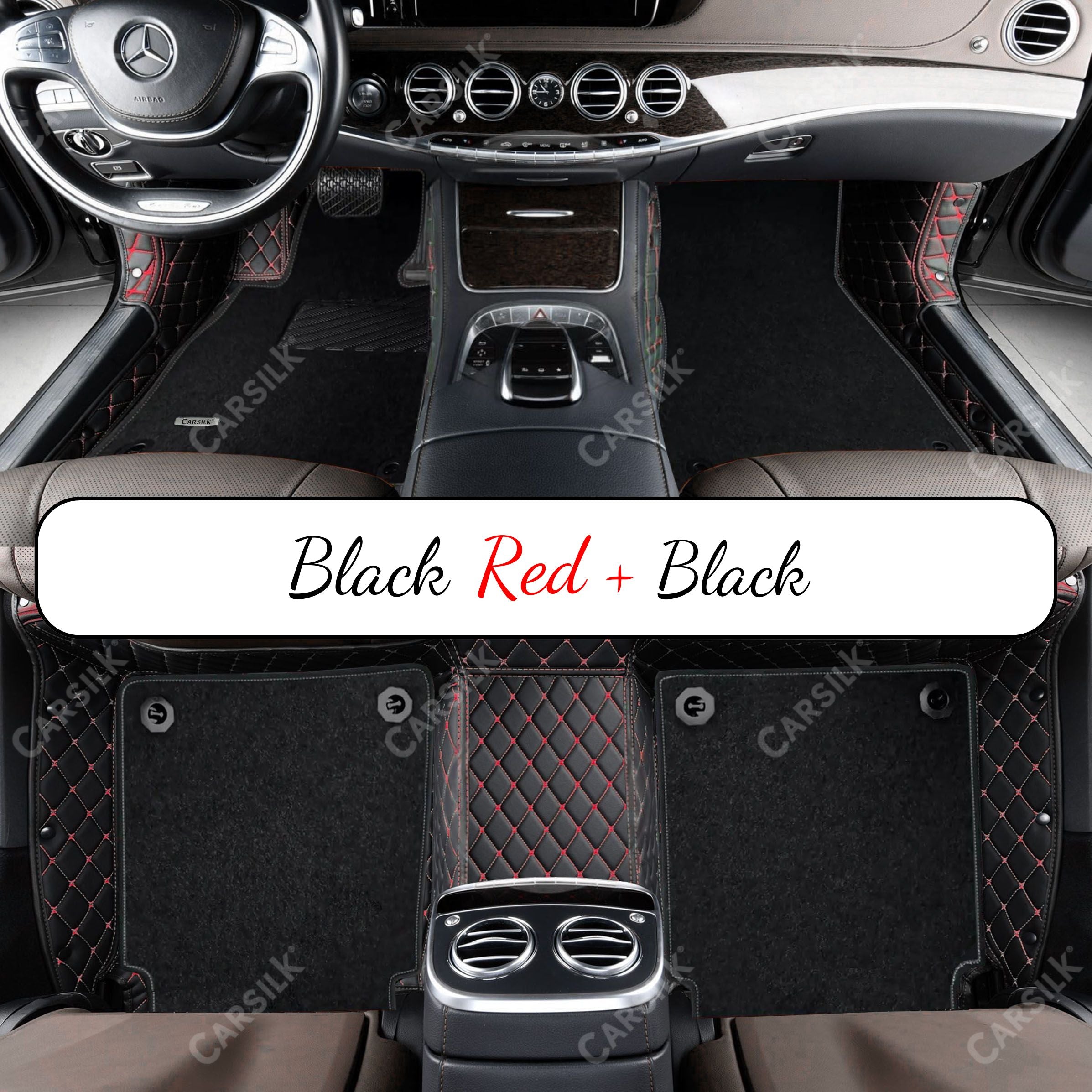 BLACK & RED STITCHING DIAMOND BASE WITH BLACK TOP CARPET DOUBLE LAYER CAR MAT SET