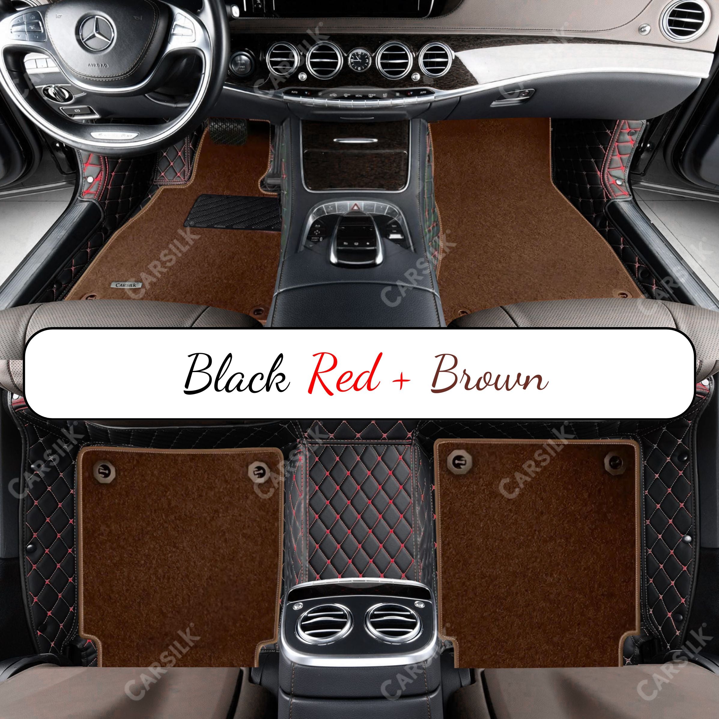 BLACK & RED STITCHING DIAMOND BASE WITH BROWN TOP CARPET DOUBLE LAYER CAR MAT SET