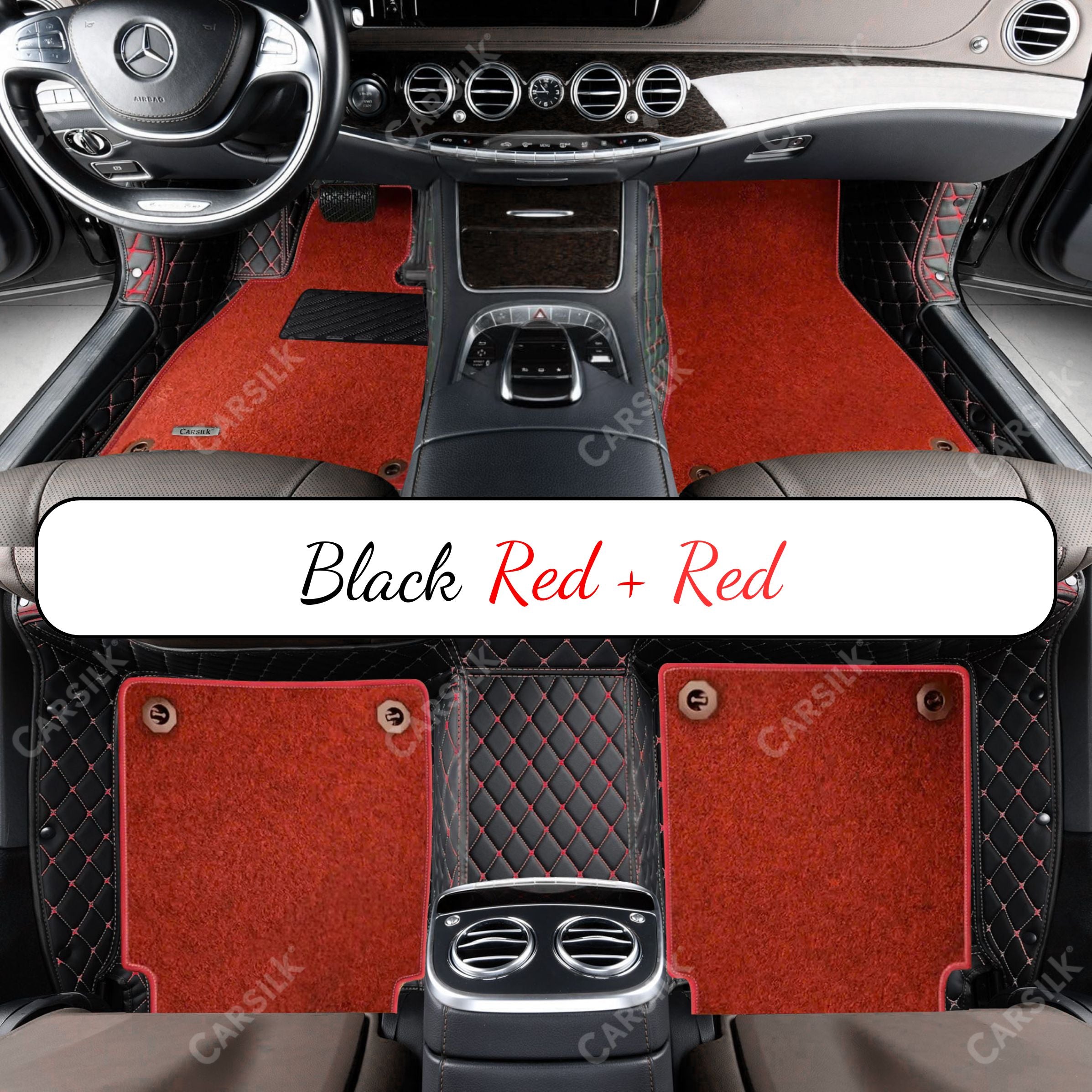 BLACK & RED STITCHING DIAMOND BASE WITH RED TOP CARPET DOUBLE LAYER CAR MAT SET
