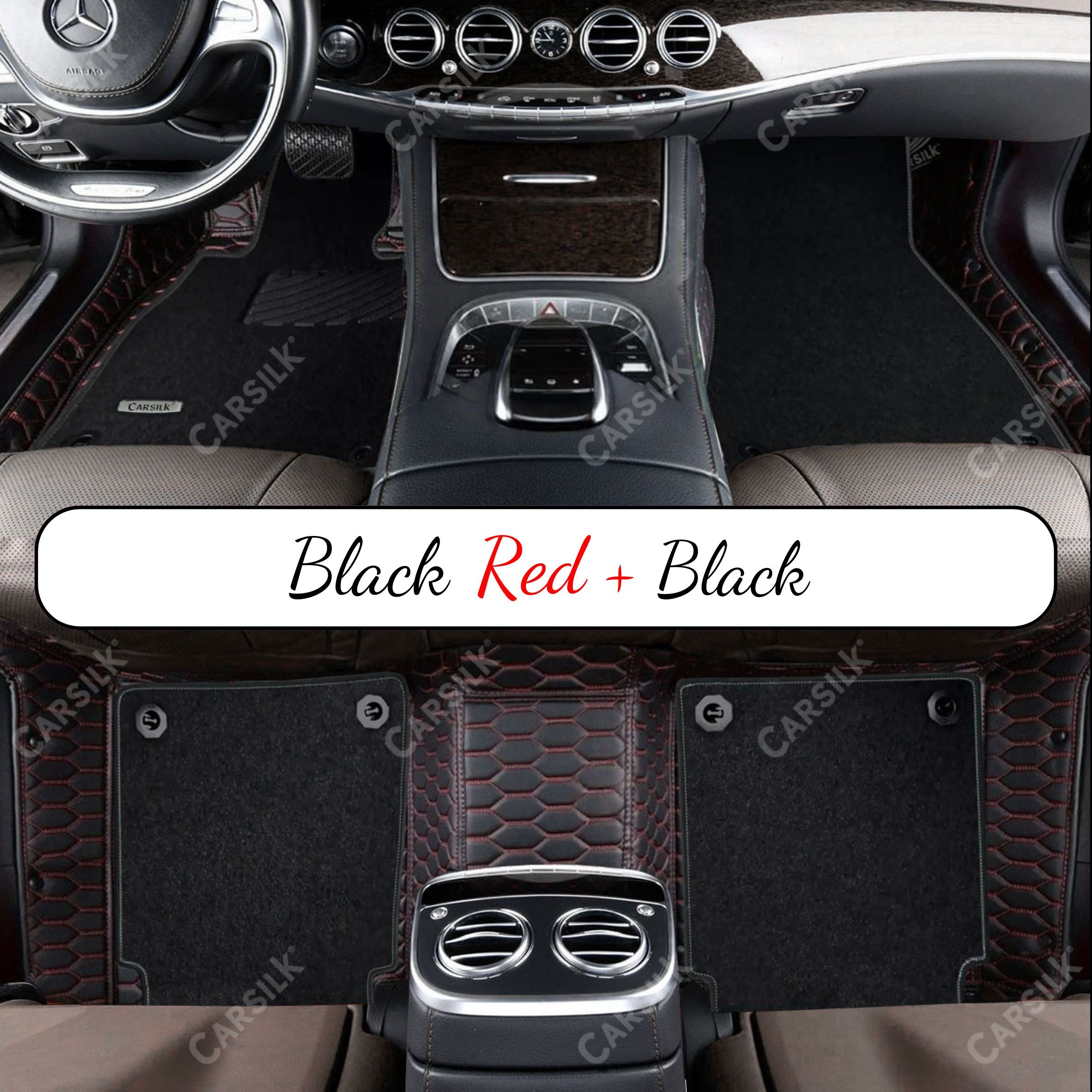 BLACK & RED STITCHING HONEYCOMB BASE WITH BLACK TOP CARPET DOUBLE LAYER CAR MAT SET