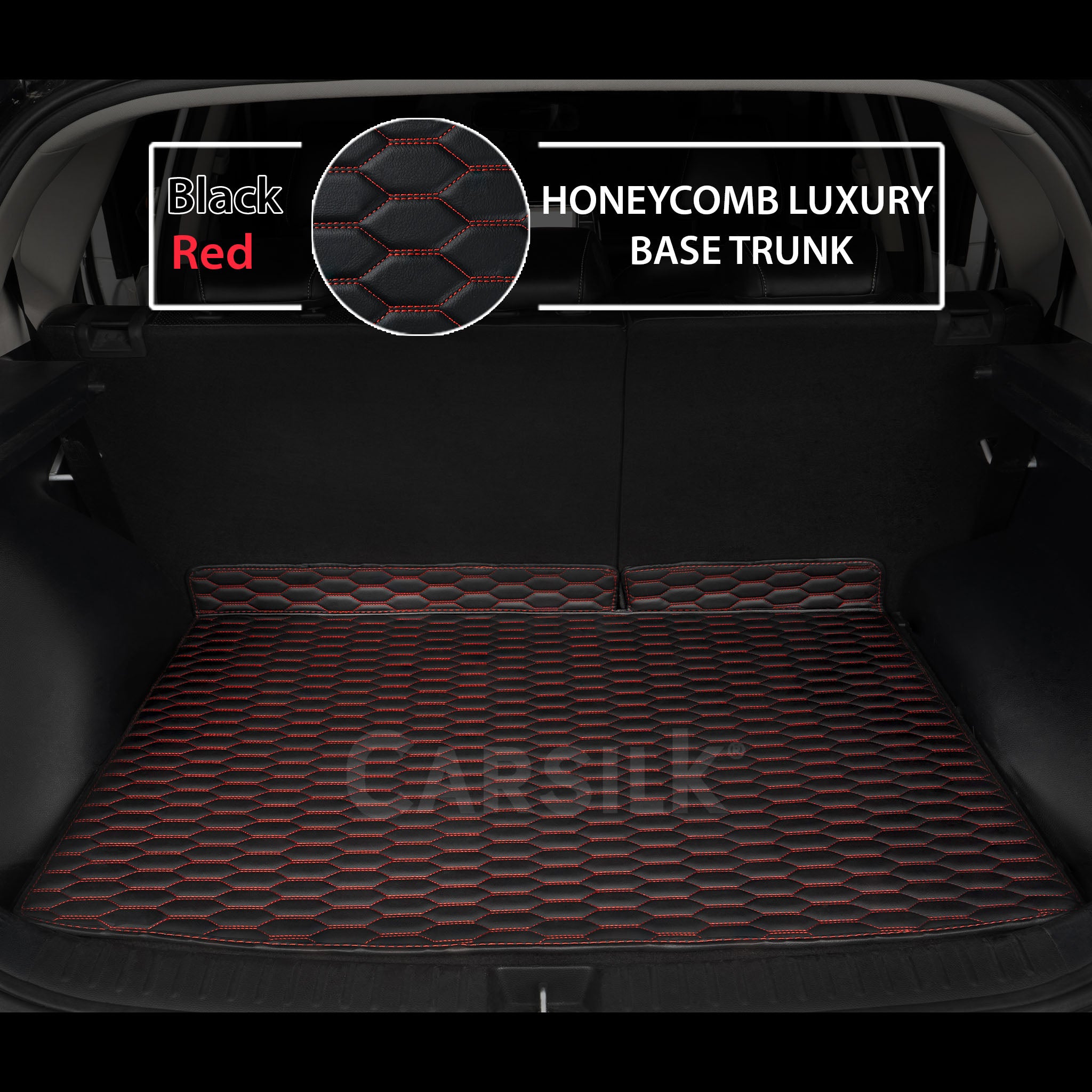 BLACK & RED STITCHING HONEYCOMB LUXURY TRUNK CAR MATS