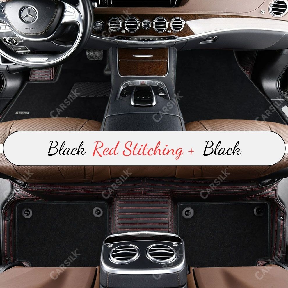 BLACK & RED STITCHING STRIPE BASE WITH BLACK TOP CARPET DOUBLE LAYER CAR MAT SET