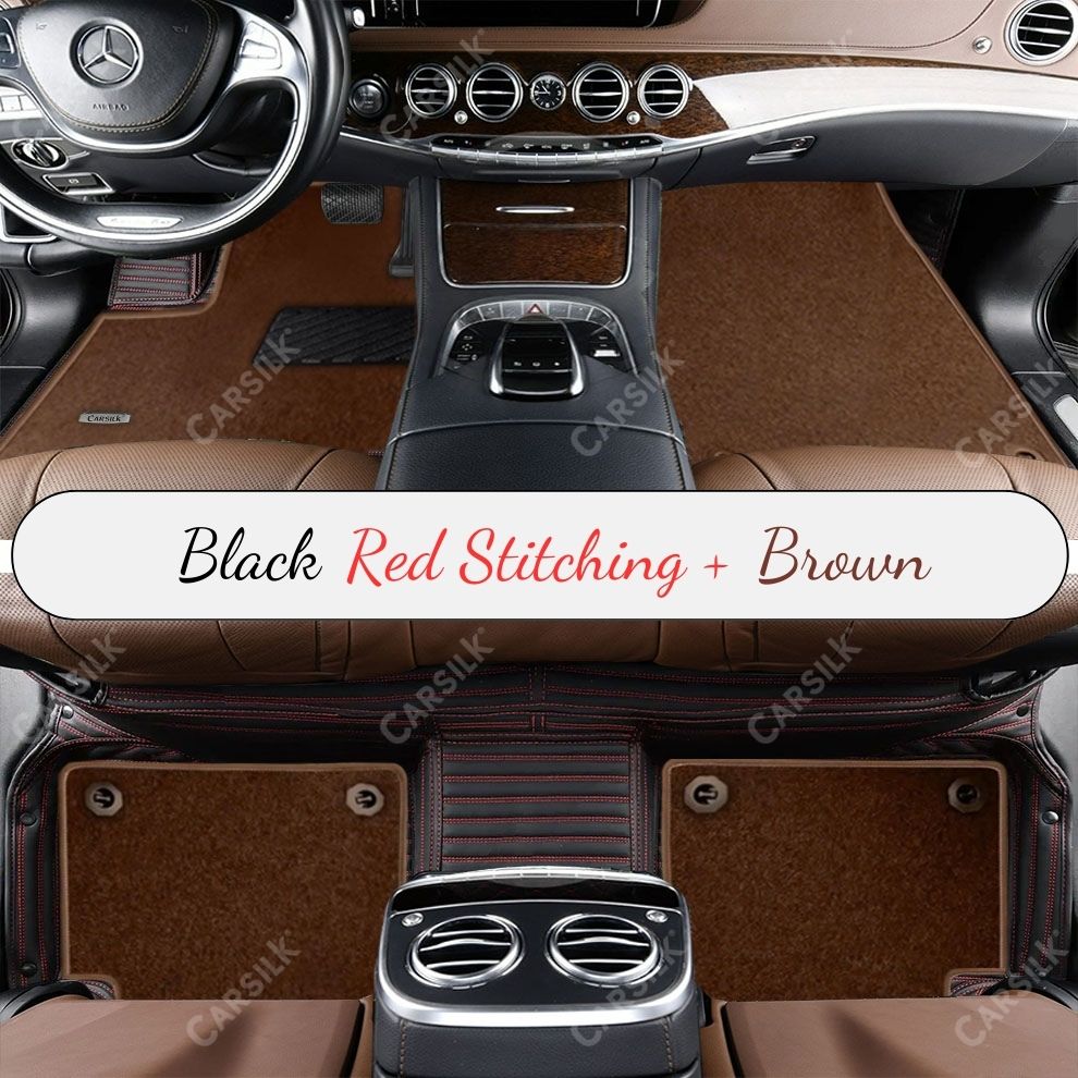 BLACK & RED STITCHING STRIPE BASE WITH BROWN TOP CARPET DOUBLE LAYER CAR MAT SET