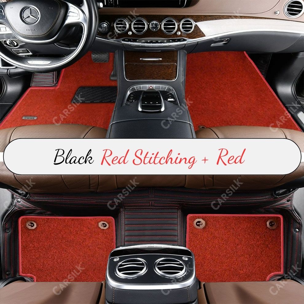 BLACK & RED STITCHING STRIPE BASE WITH RED TOP CARPET DOUBLE LAYER CAR MAT SET