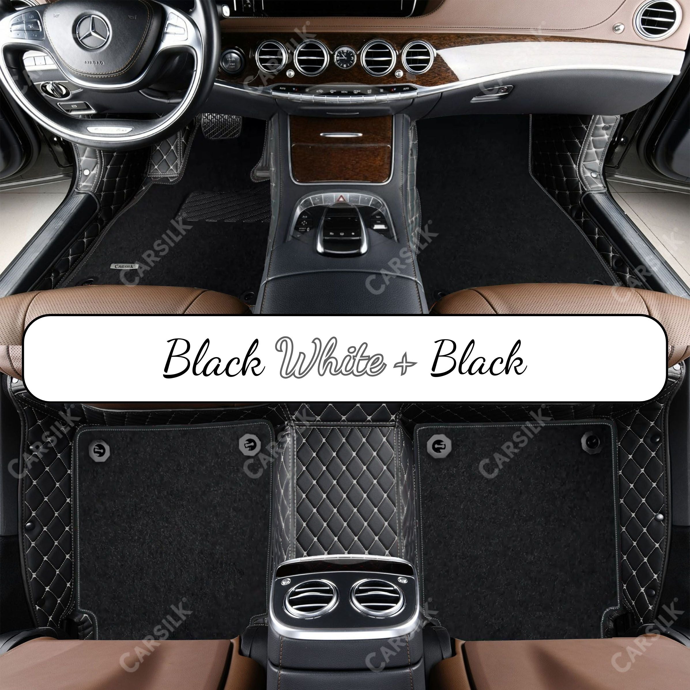 BLACK & WHITE STITCHING DIAMOND BASE WITH BLACK TOP CARPET DOUBLE LAYER CAR MAT SET