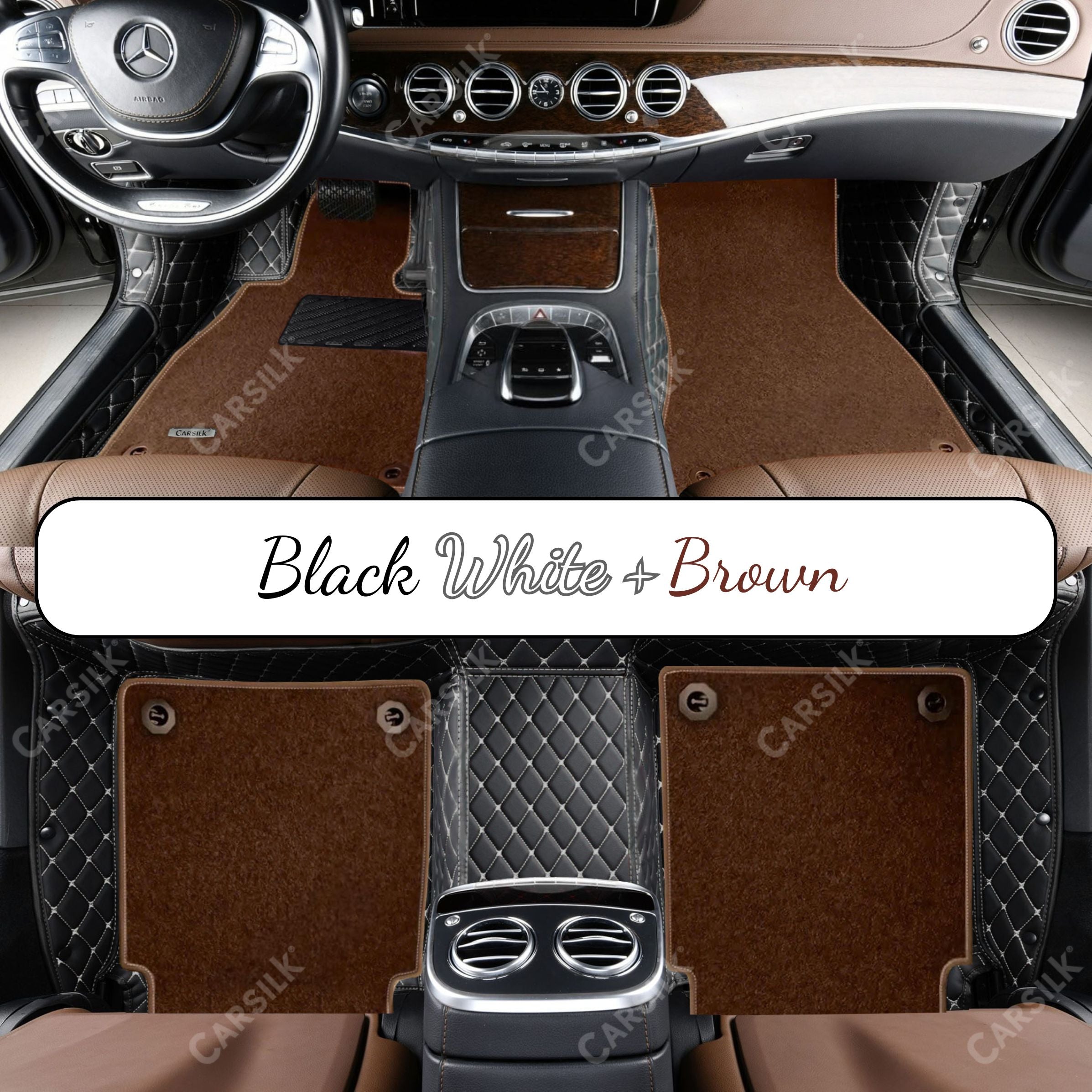 BLACK & WHITE STITCHING DIAMOND BASE WITH BROWN TOP CARPET DOUBLE LAYER CAR MAT SET