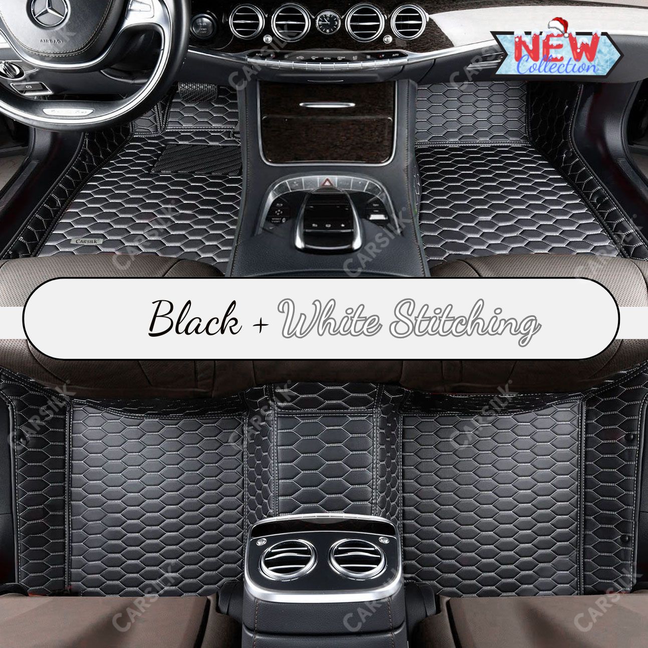 BLACK & WHITE STITCHING HONEY COMB LUXURY CAR MATS SET