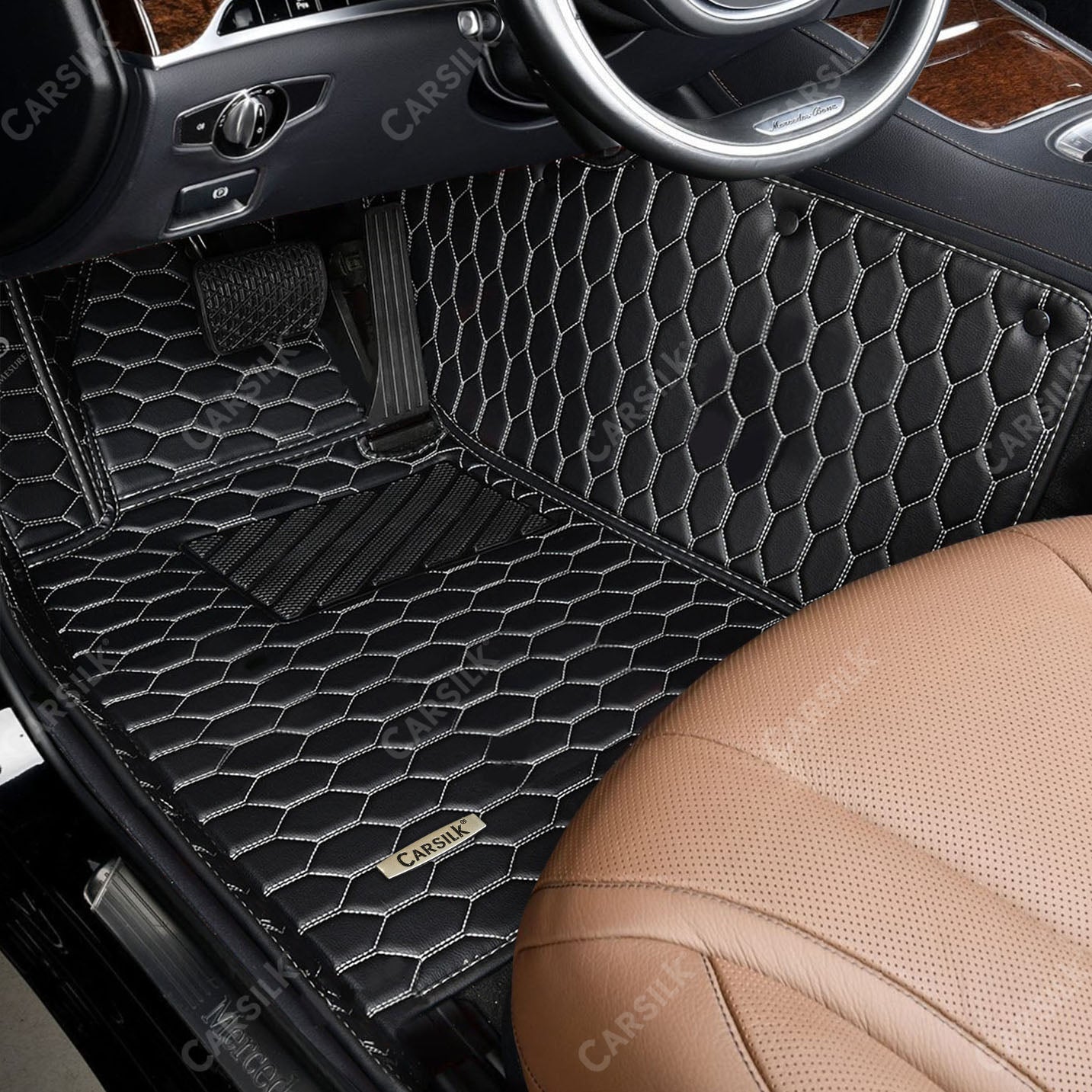 Alternative view of BLACK & WHITE STITCHING HONEY COMB LUXURY CAR MATS SET