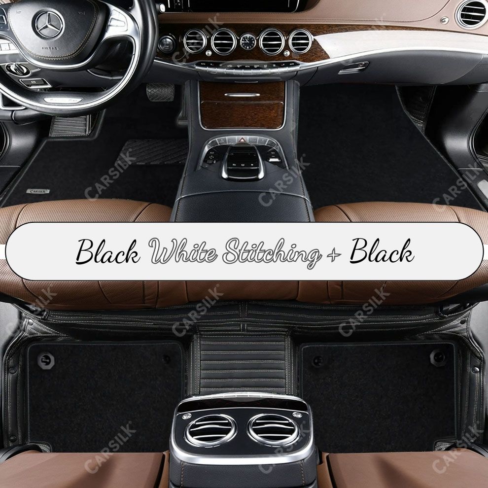 BLACK & WHITE STITCHING STRIPE BASE WITH BLACK TOP CARPET DOUBLE LAYER CAR MAT SET
