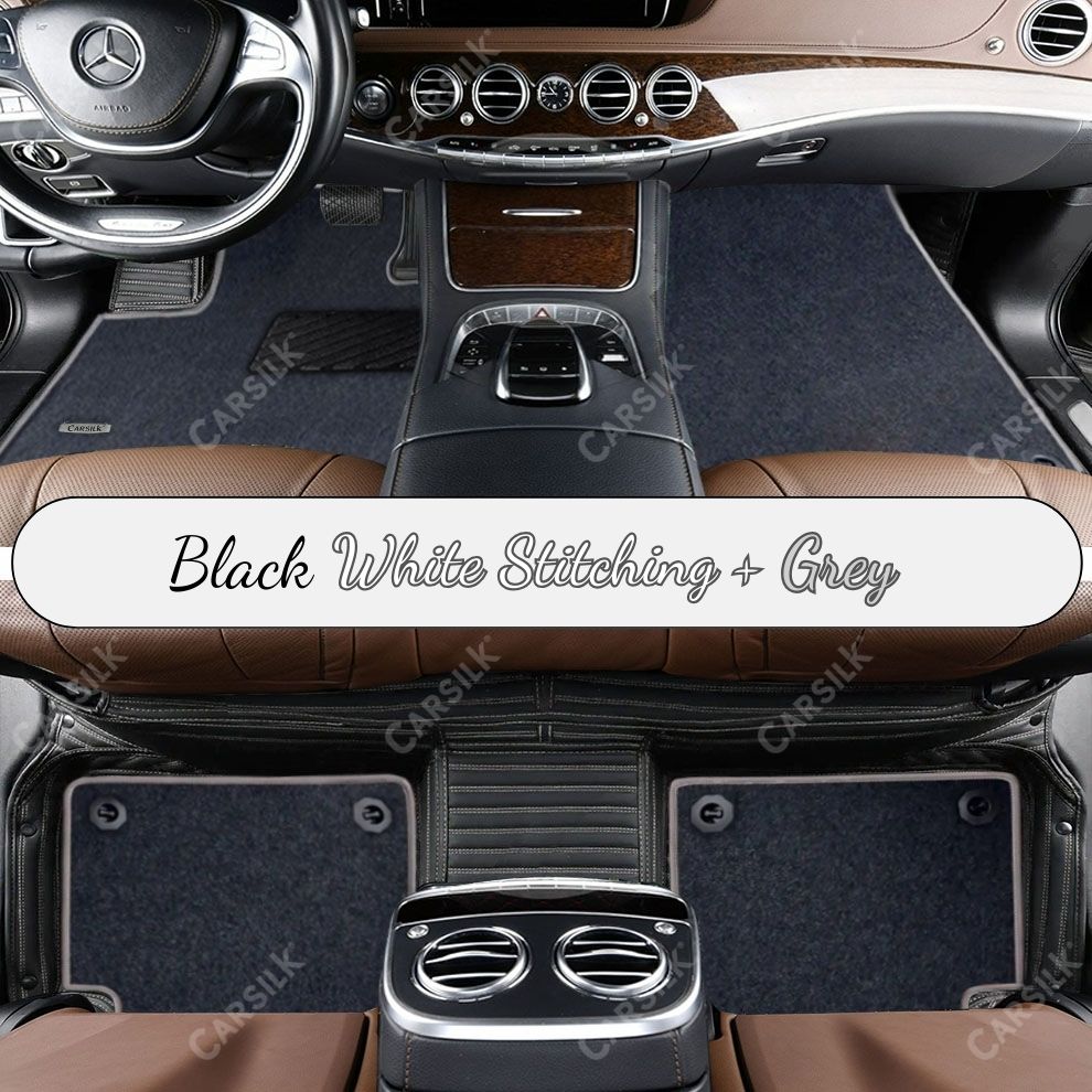 BLACK & WHITE STITCHING STRIPE BASE WITH GRAY TOP CARPET DOUBLE LAYER CAR MAT SET
