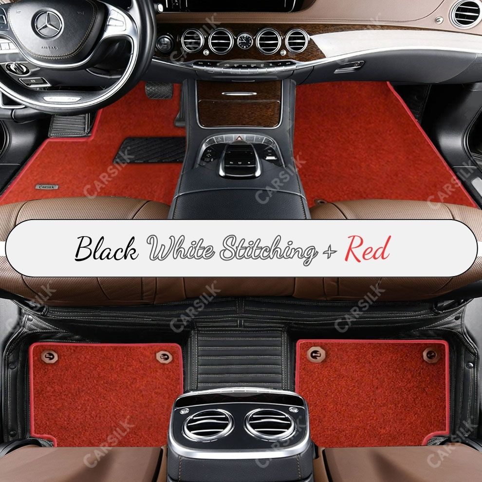 BLACK & WHITE STITCHING STRIPE BASE WITH RED TOP CARPET DOUBLE LAYER CAR MAT SET