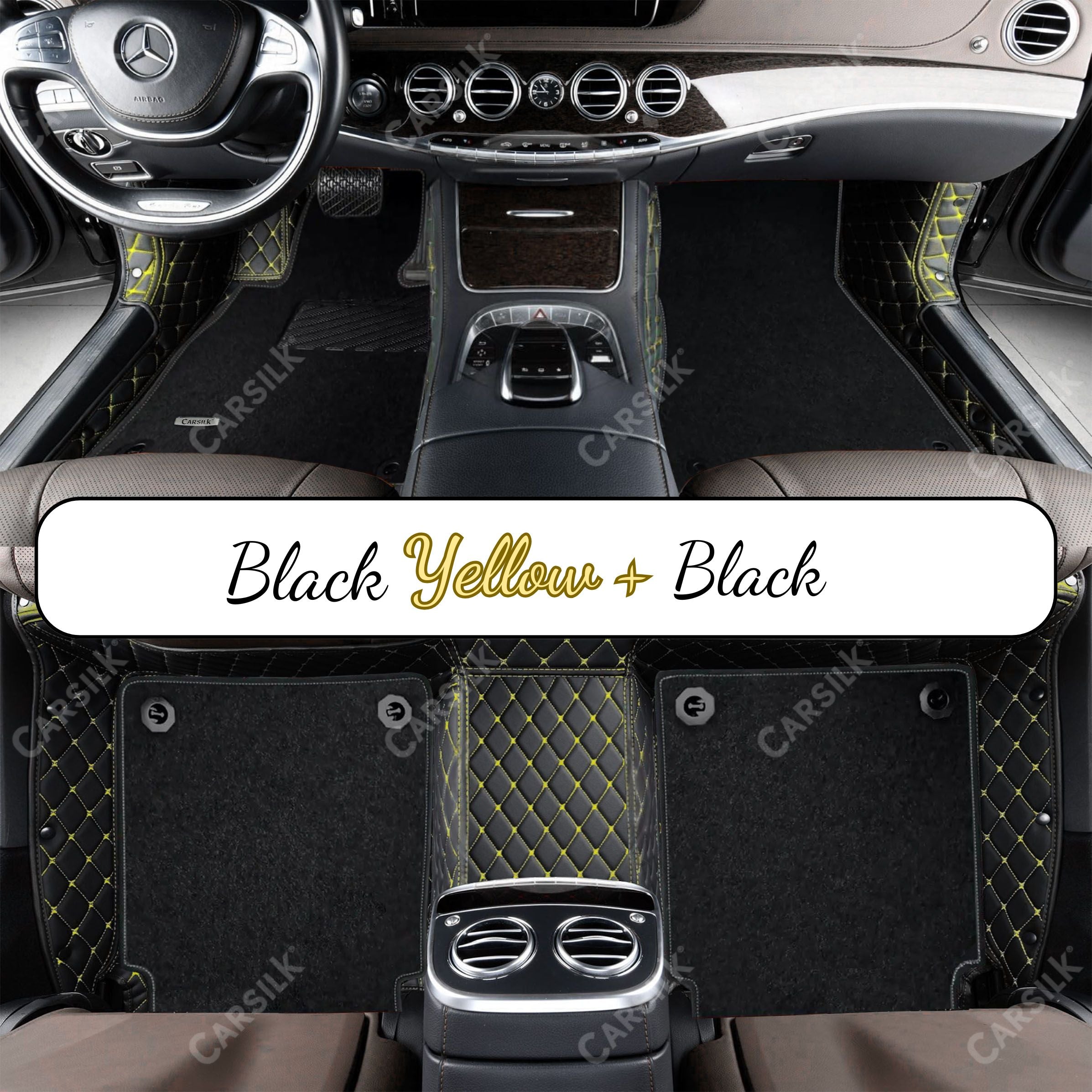 BLACK & YELLOW STITCHING DIAMOND BASE WITH BLACK TOP CARPET DOUBLE LAYER CAR MAT SET