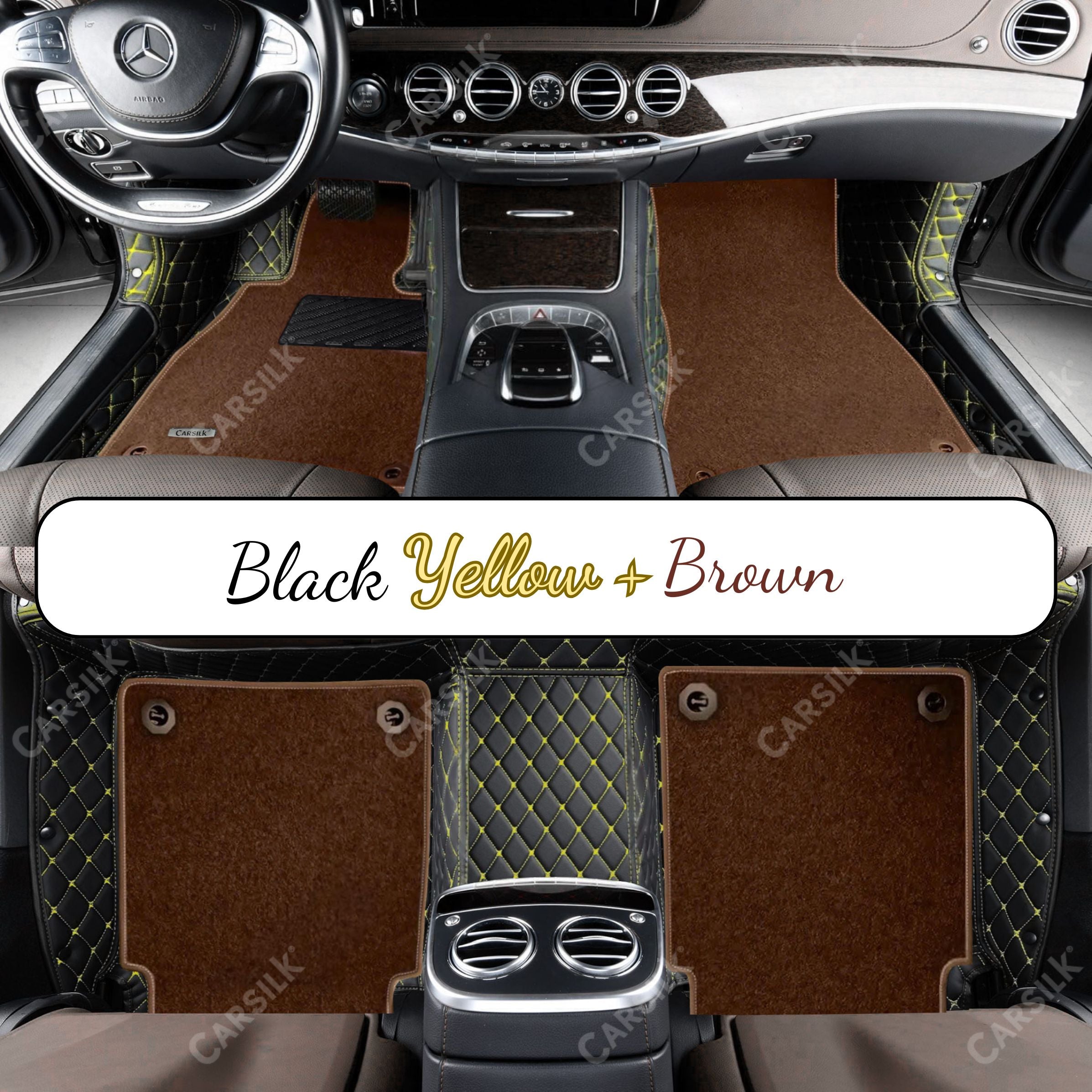 BLACK & YELLOW STITCHING DIAMOND BASE WITH BROWN TOP CARPET DOUBLE LAYER CAR MAT SET