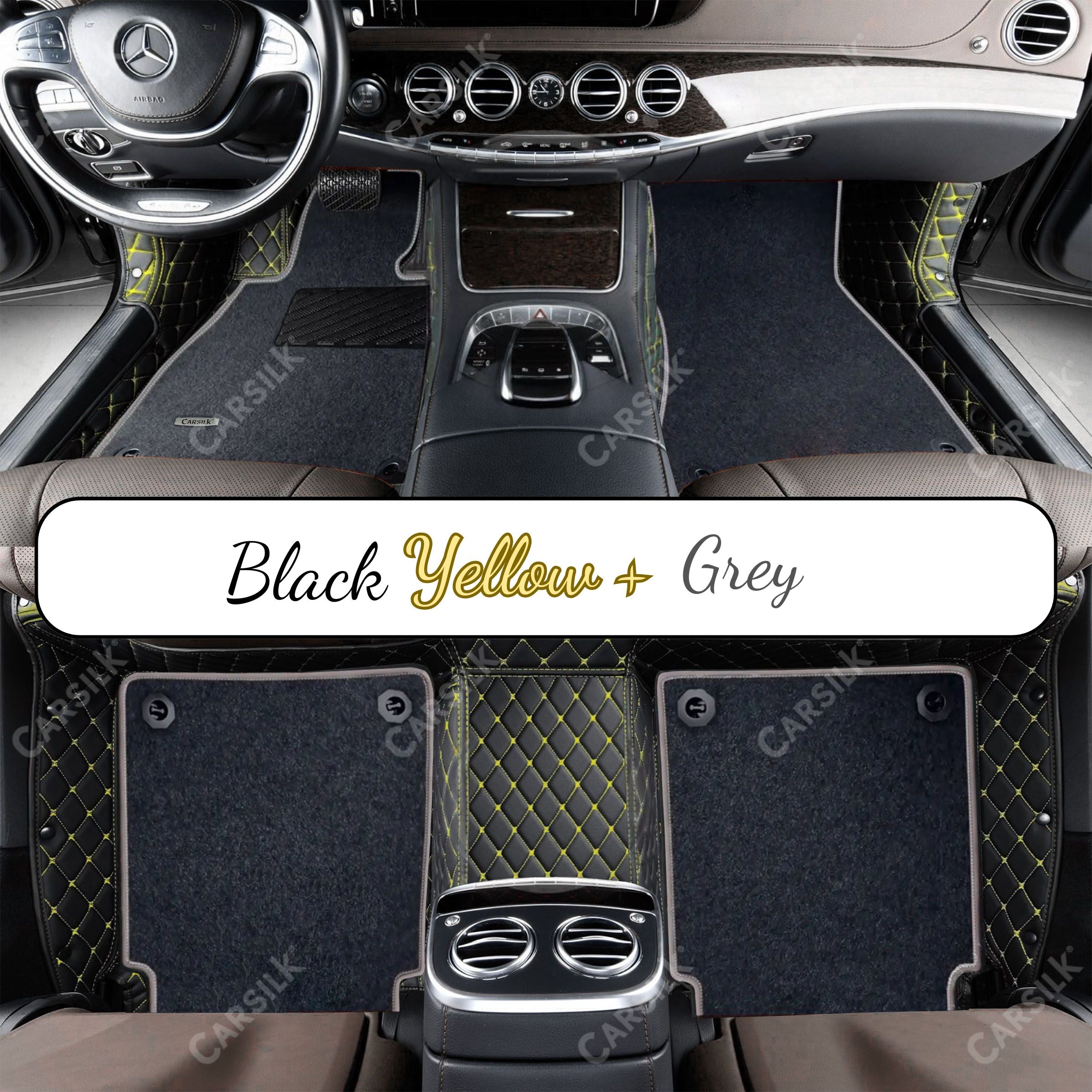 BLACK & YELLOW STITCHING DIAMOND BASE WITH GRAY TOP CARPET DOUBLE LAYER CAR MAT SET