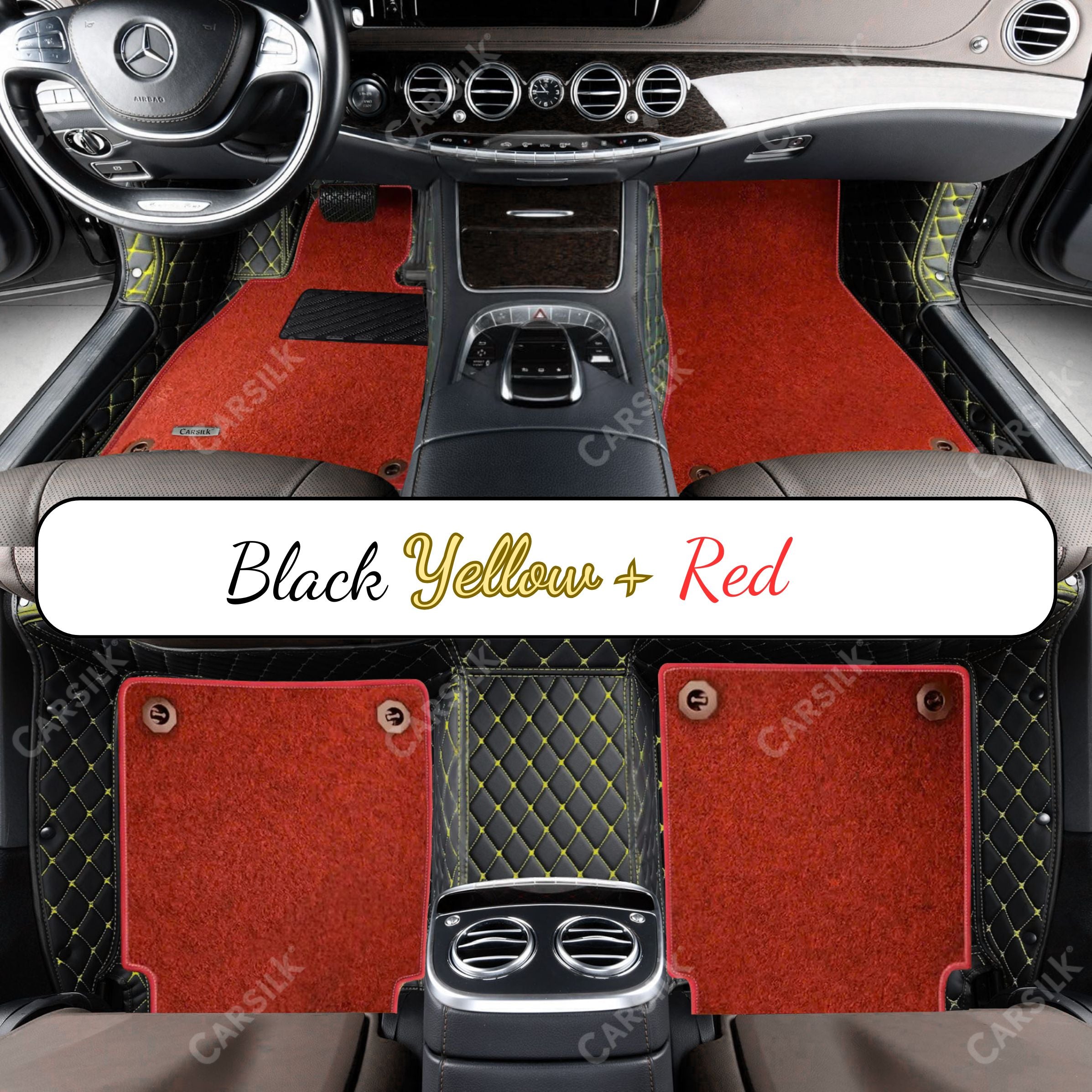 BLACK & YELLOW STITCHING DIAMOND BASE WITH RED TOP CARPET DOUBLE LAYER CAR MAT SET