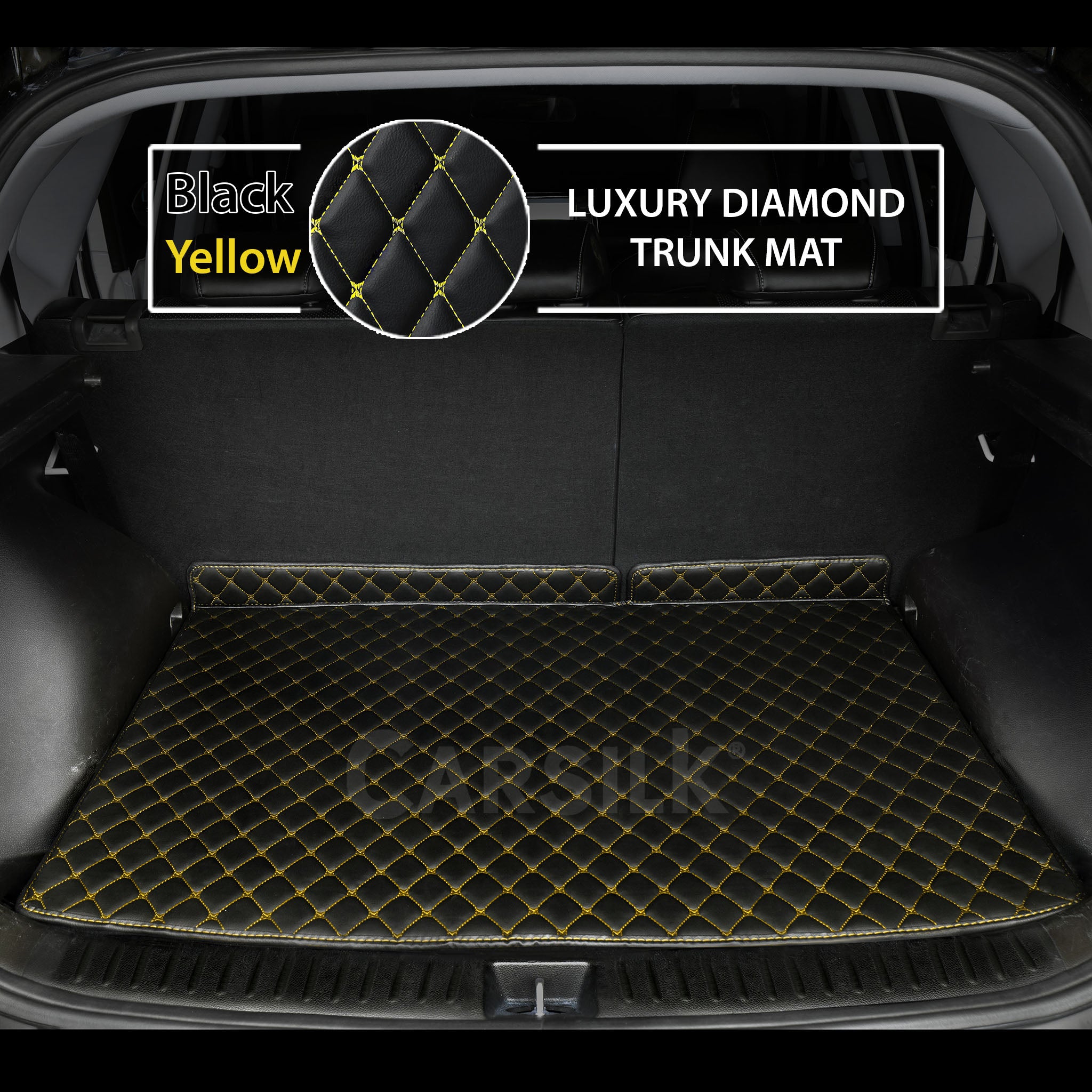 BLACK & YELLOW STITCHING DIAMOND LUXURY BASE TRUNK CAR MATS