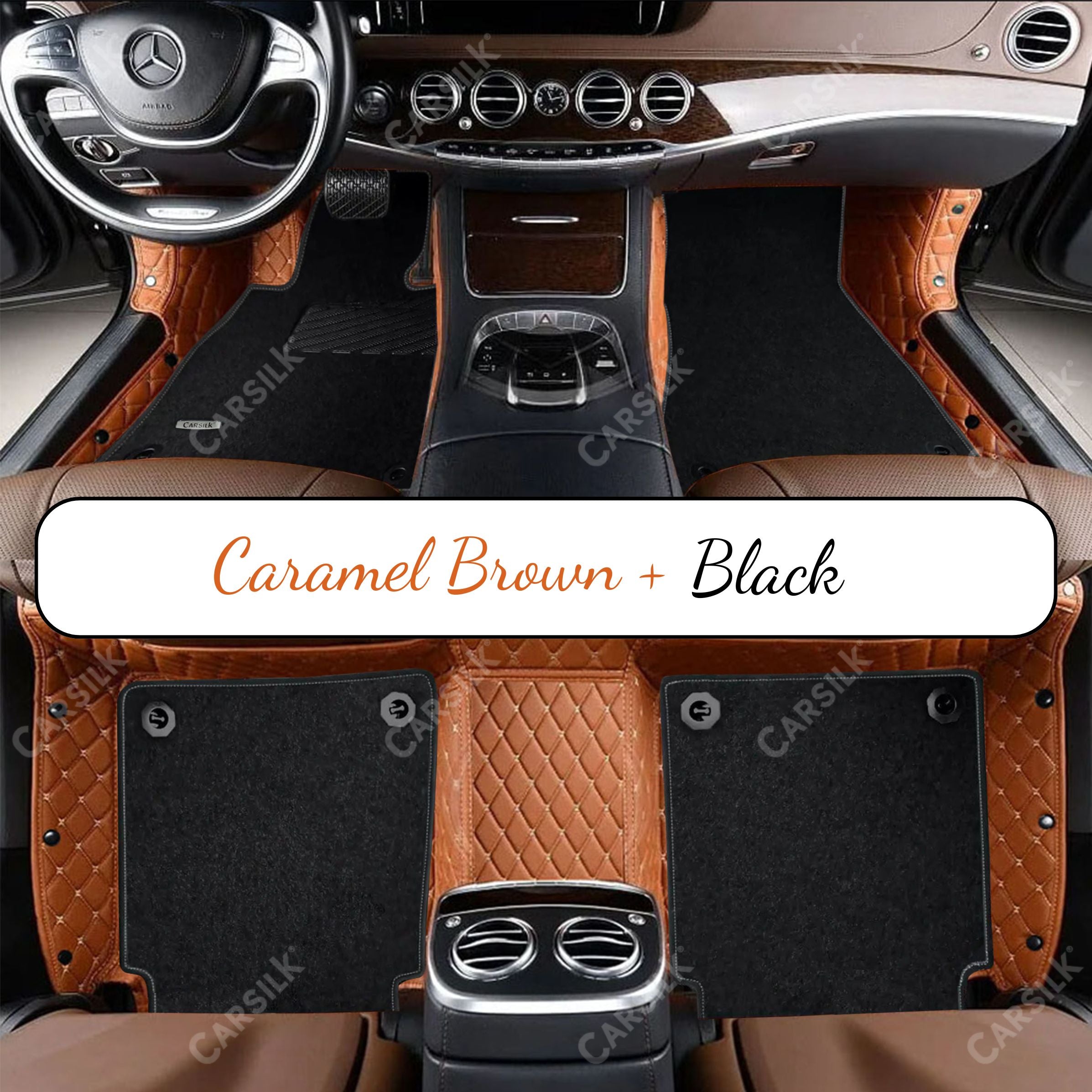 CARAMEL BROWN DIAMOND BASE WITH BLACK TOP CARPET DOUBLE LAYER CAR MAT SET