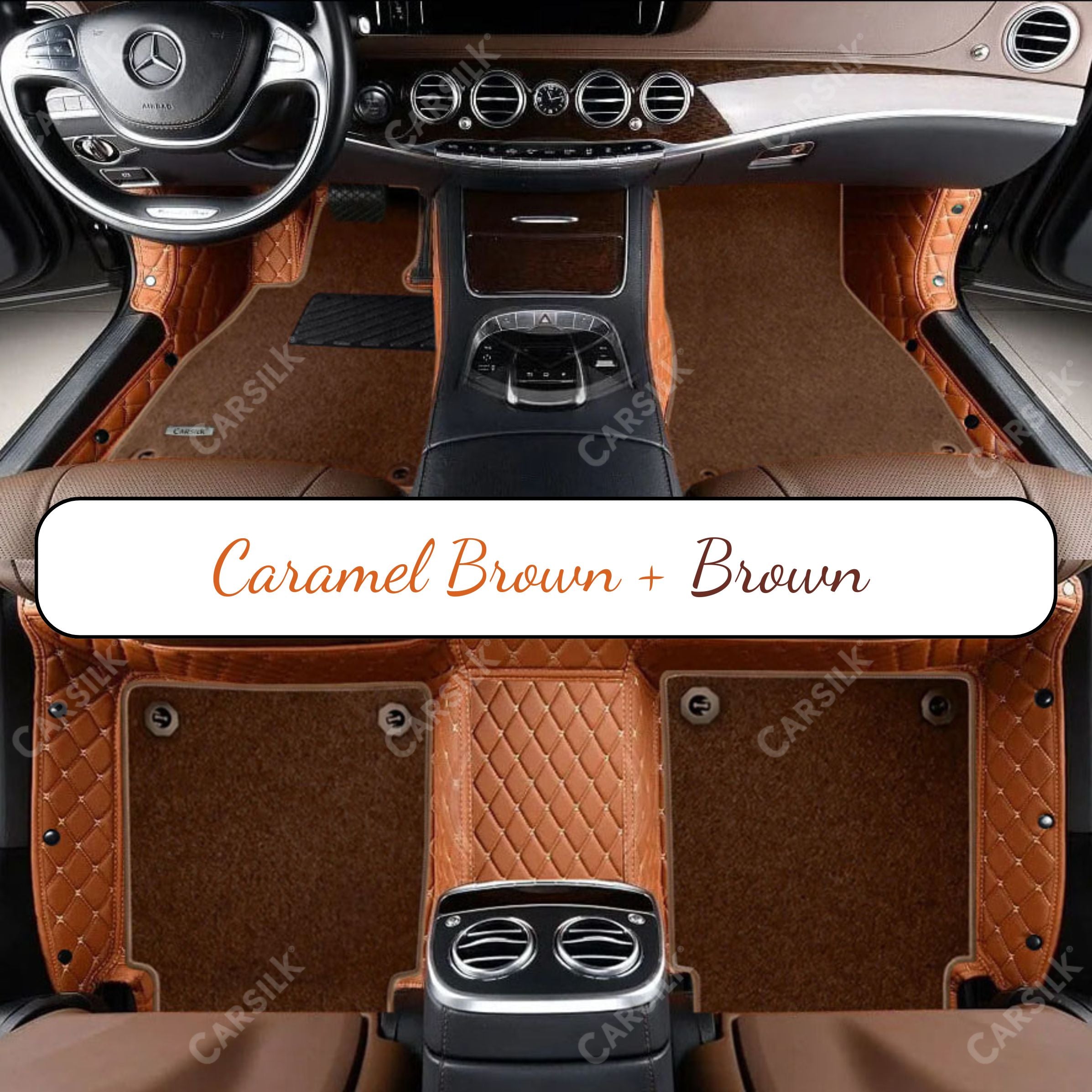 CARAMEL BROWN DIAMOND BASE WITH BROWN TOP CARPET DOUBLE LAYER CAR MAT SET