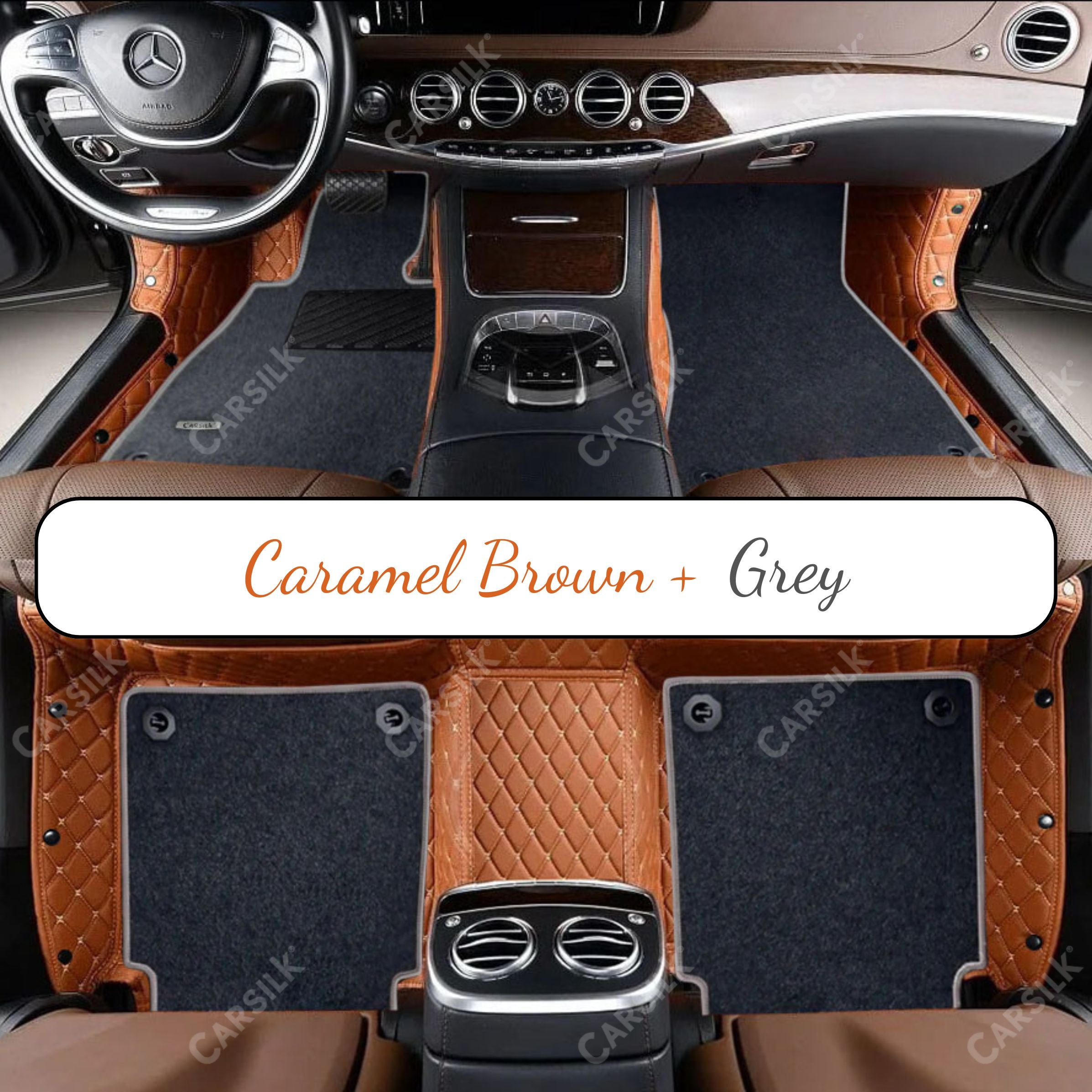 CARAMEL BROWN DIAMOND BASE WITH GRAY TOP CARPET DOUBLE LAYER CAR MAT SET