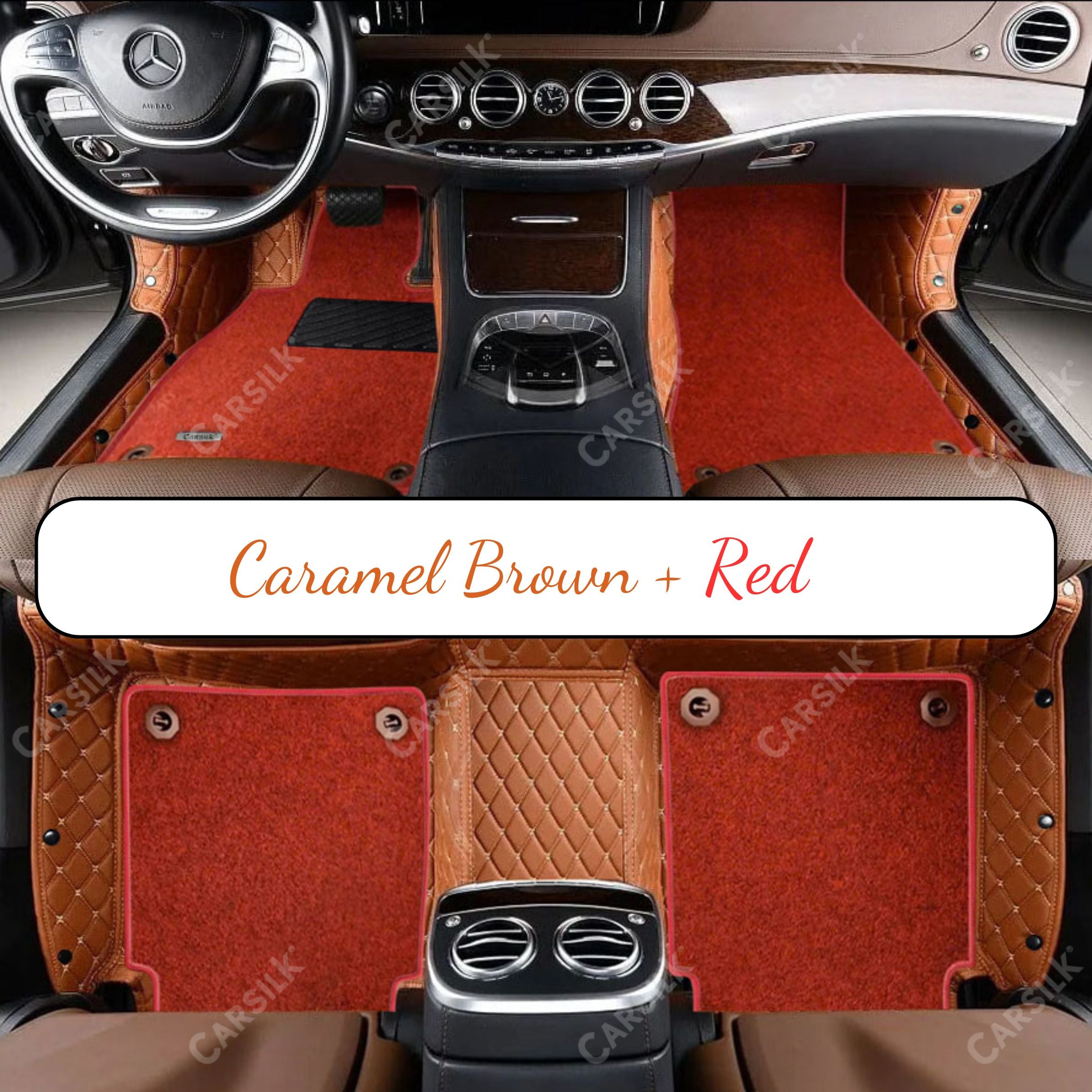 CARAMEL BROWN DIAMOND BASE WITH RED TOP CARPET DOUBLE LAYER CAR MAT SET