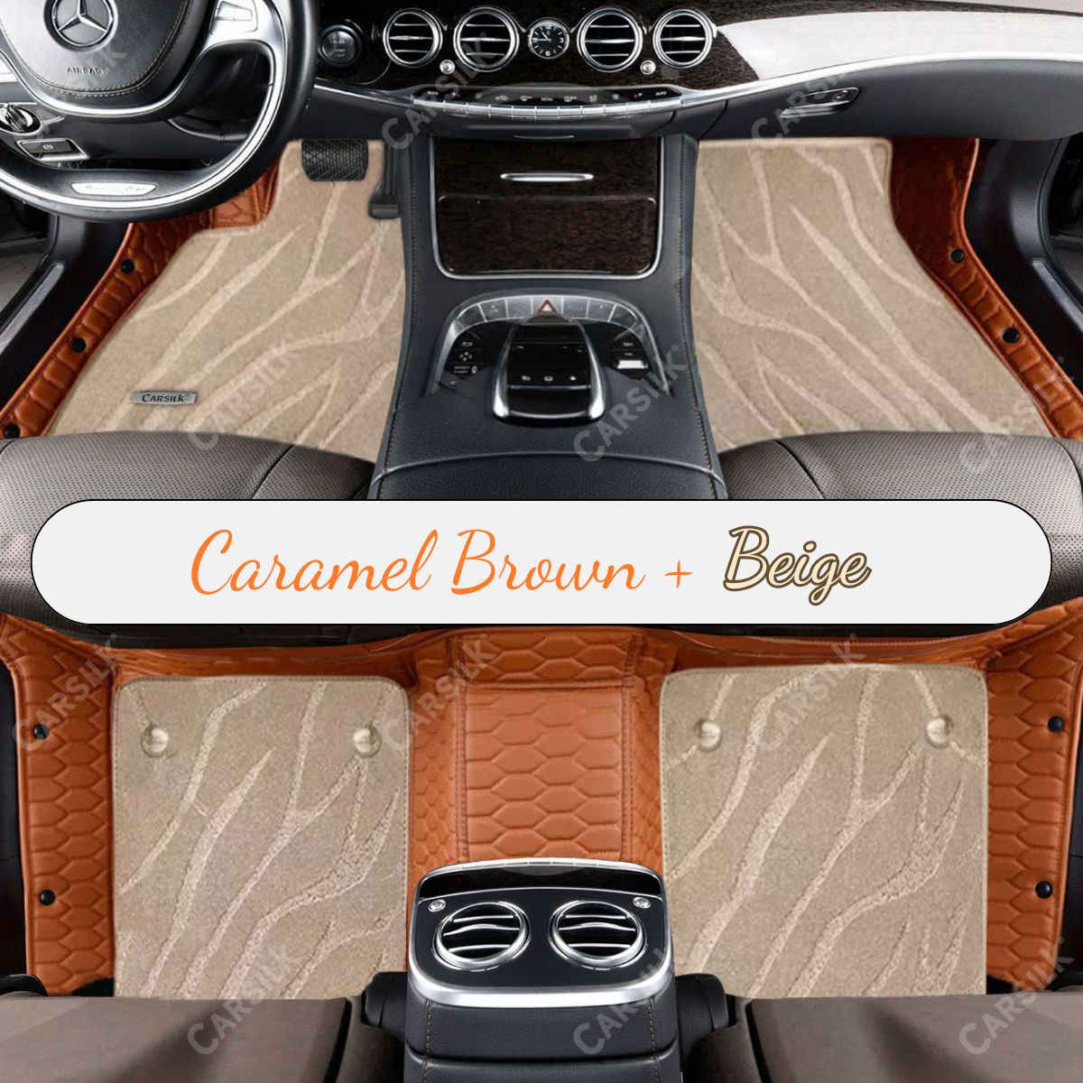 CARAMEL BROWN HONEYCOMB BASE WITH BEIGE TOP CARPET DOUBLE LAYER GALAXY CAR MAT SET