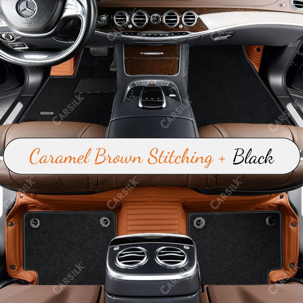 CARAMEL BROWN STRIPE BASE WITH BLACK TOP CARPET DOUBLE LAYER CAR MAT SET
