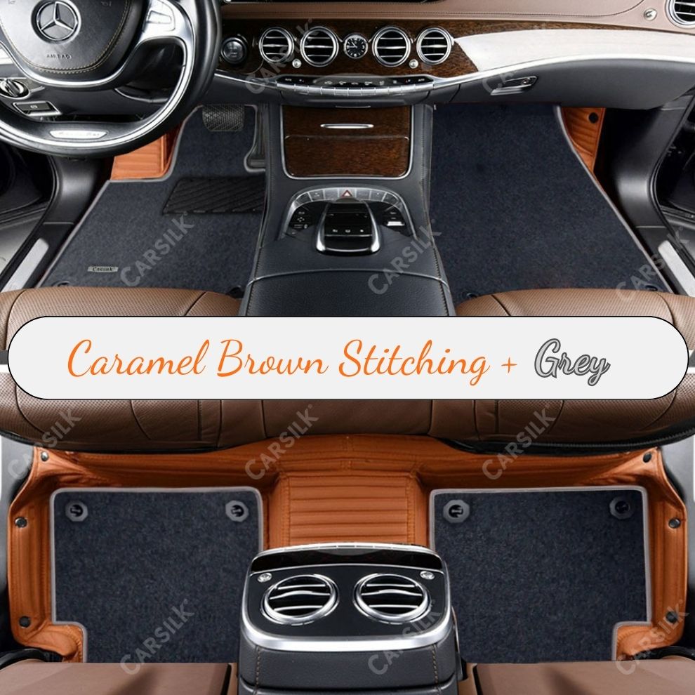 CARAMEL BROWN STRIPE BASE WITH GRAY TOP CARPET DOUBLE LAYER CAR MAT SET