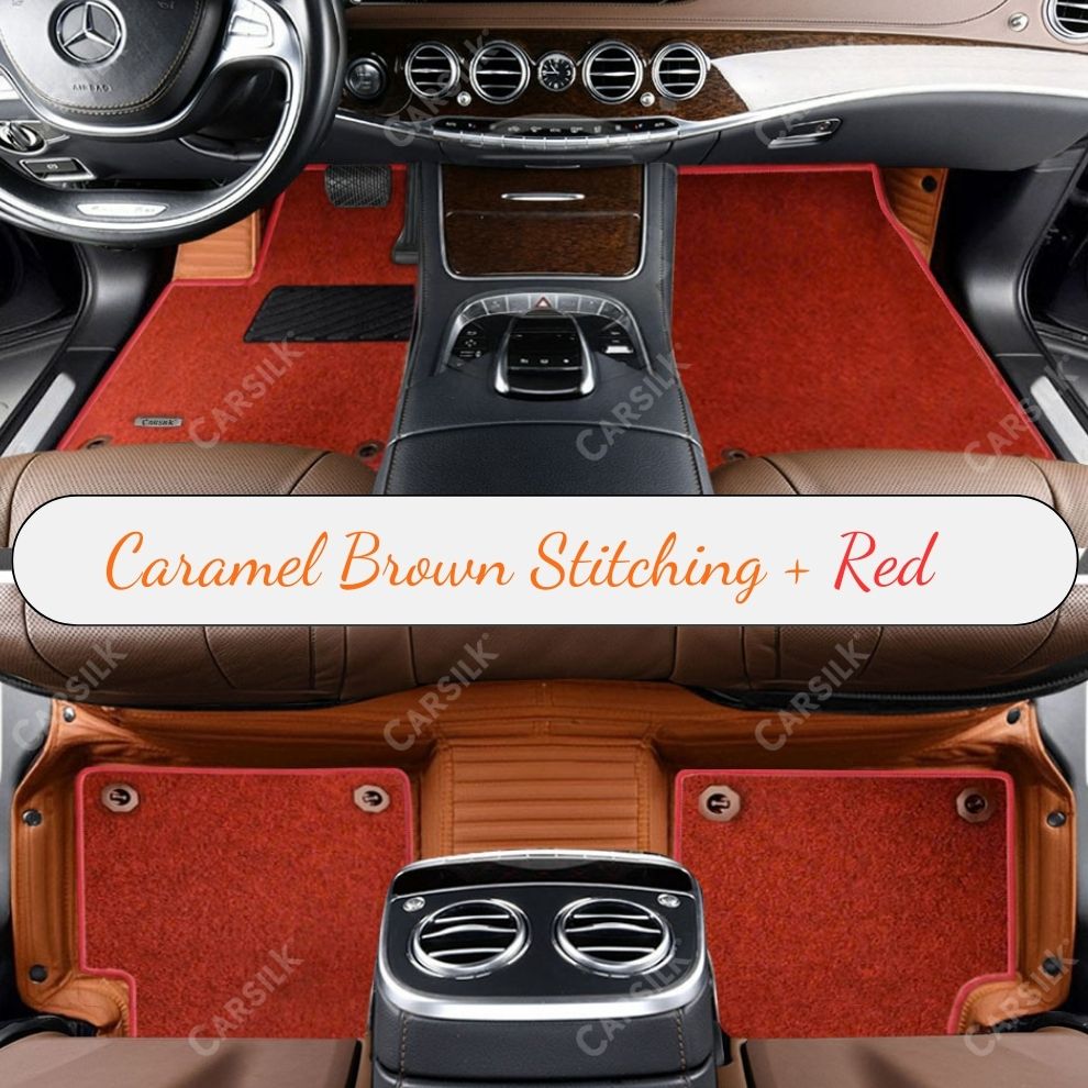CARAMEL BROWN STRIPE BASE WITH RED TOP CARPET DOUBLE LAYER CAR MAT SET
