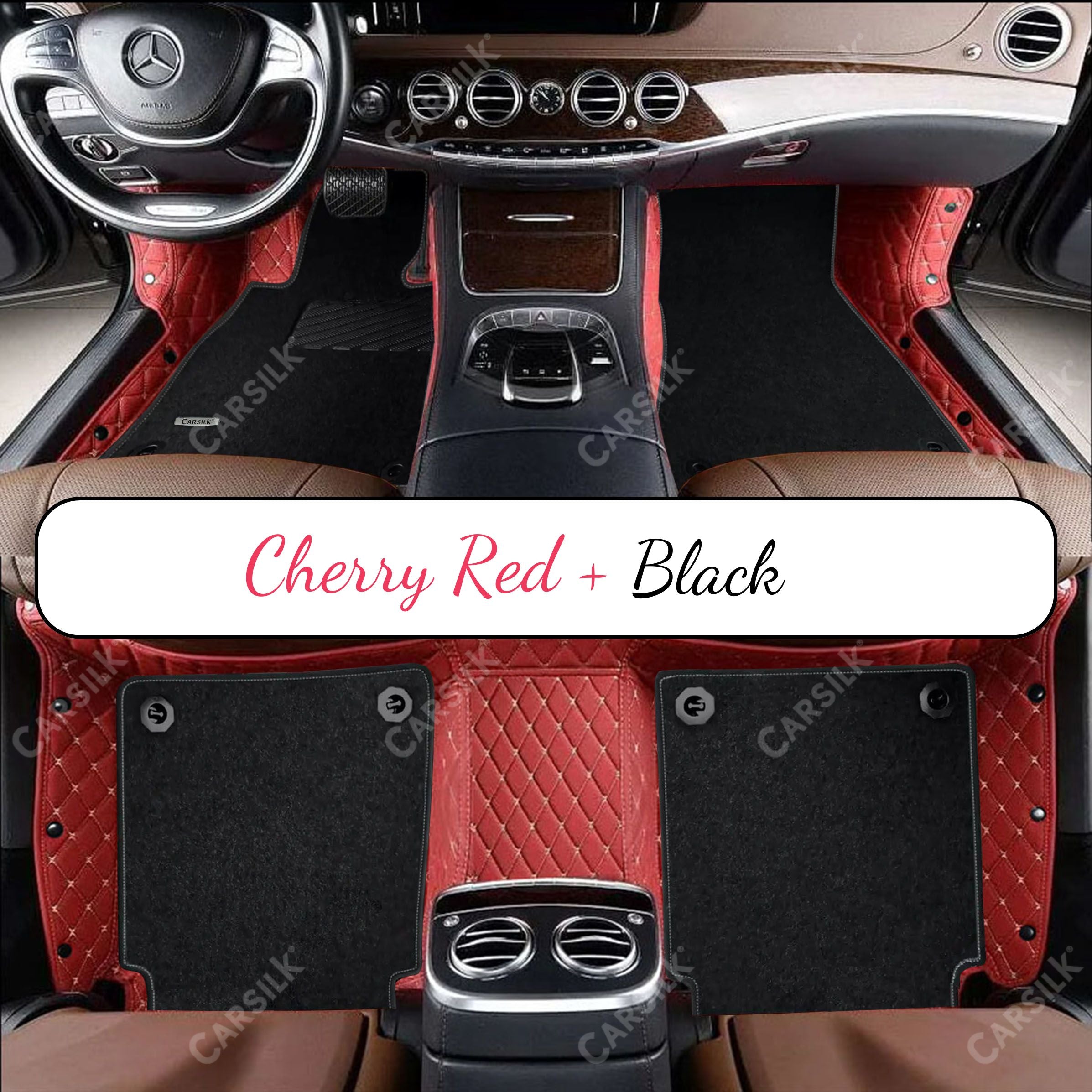 CHERRY RED DIAMOND BASE WITH BLACK TOP CARPET DOUBLE LAYER CAR MAT SET