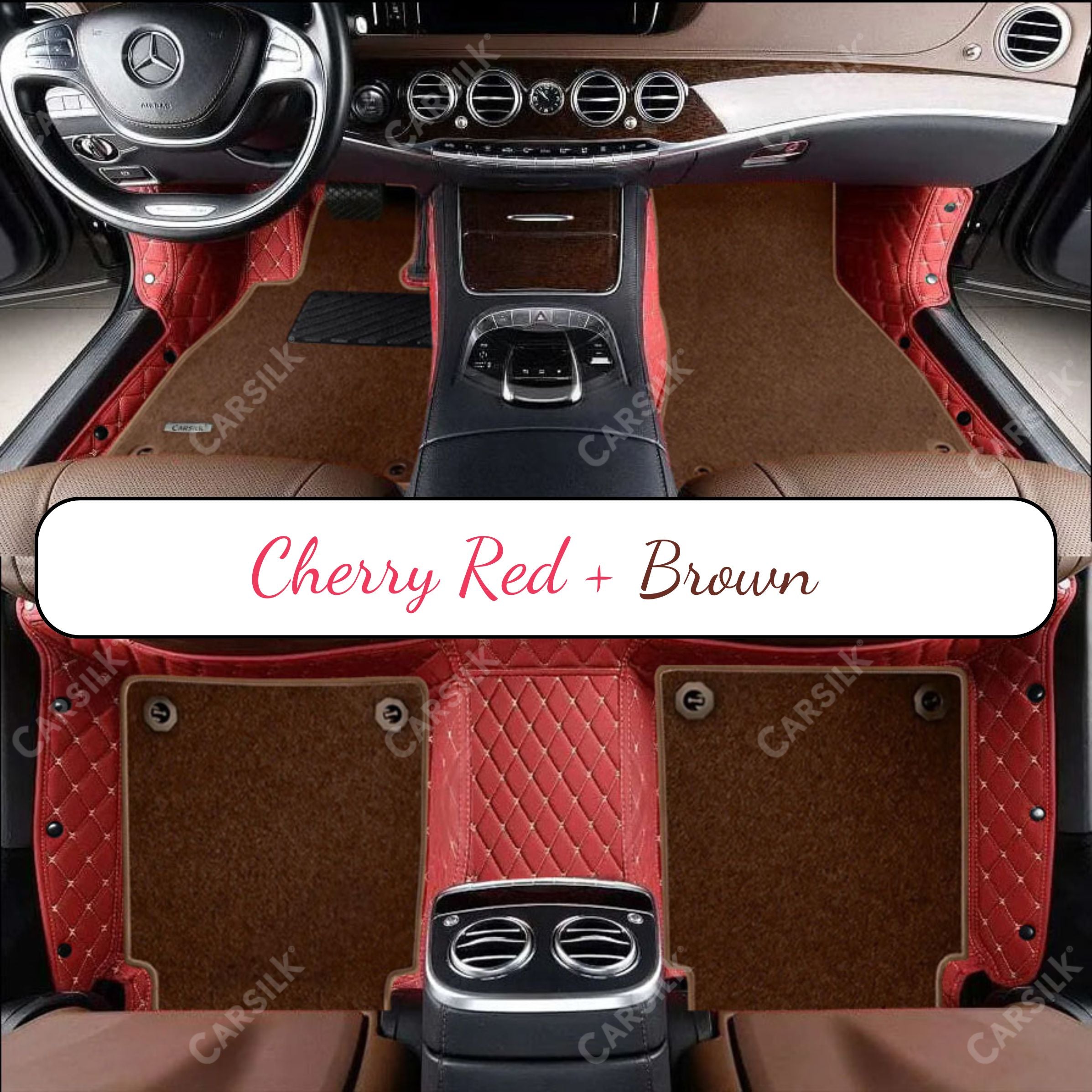 CHERRY RED DIAMOND BASE WITH BROWN TOP CARPET DOUBLE LAYER CAR MAT SET
