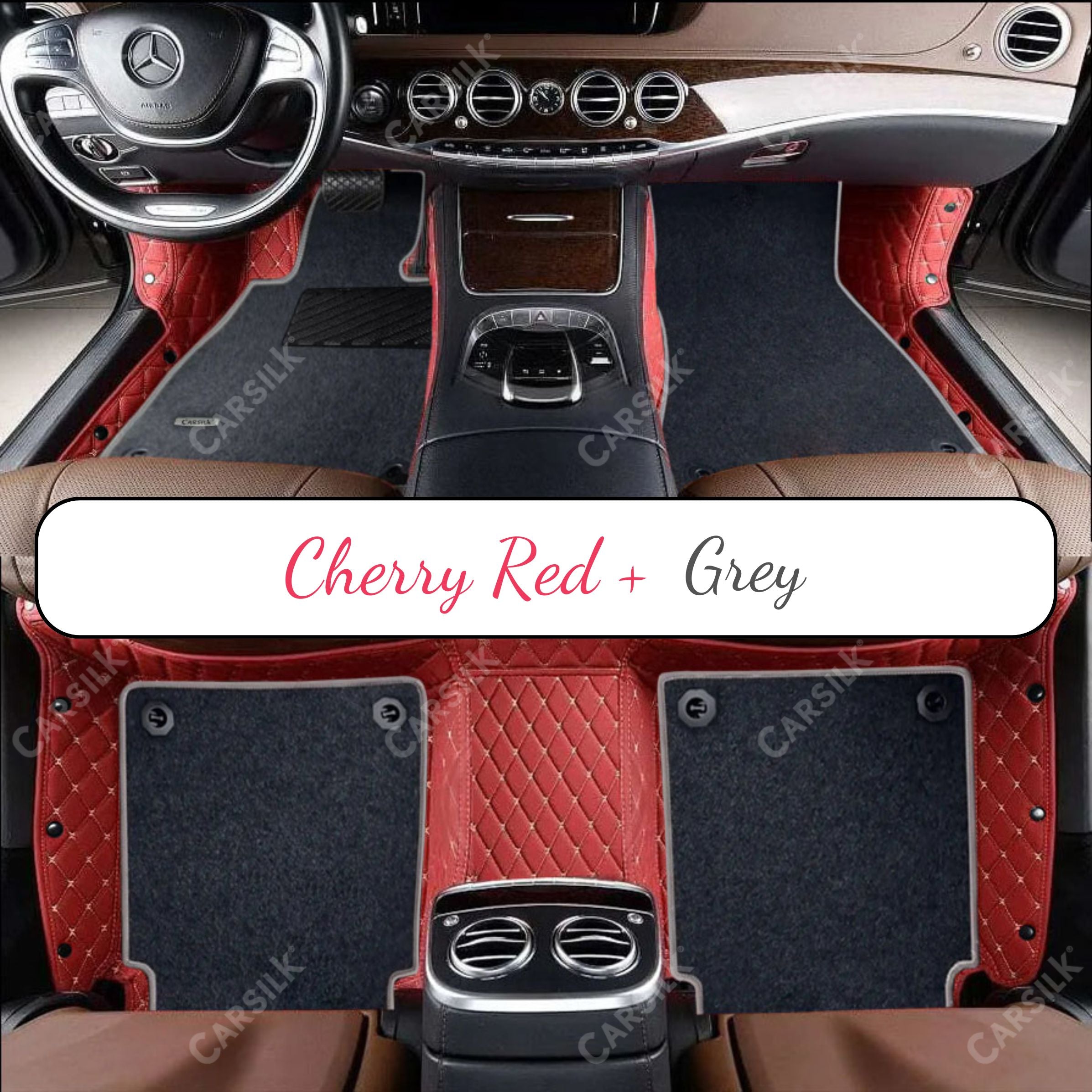 CHERRY RED DIAMOND BASE WITH GRAY TOP CARPET DOUBLE LAYER CAR MAT SET