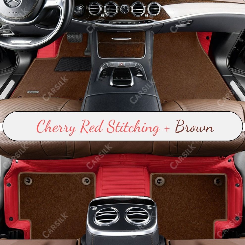 CHERRY RED STRIPE BASE WITH BROWN TOP CARPET DOUBLE LAYER CAR MAT SET