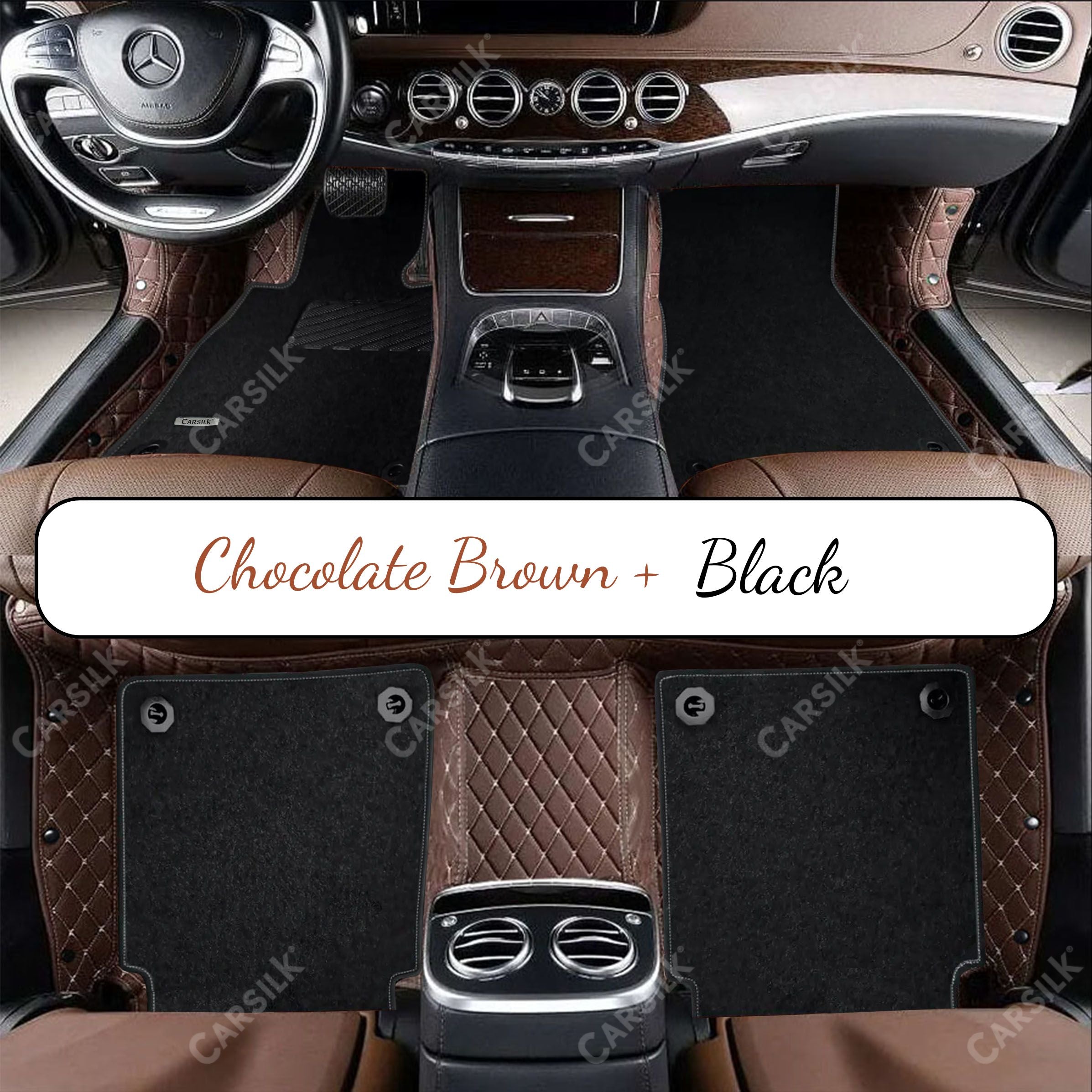 CHOCOLATE BROWN DIAMOND BASE WITH BLACK TOP CARPET DOUBLE LAYER CAR MAT SET