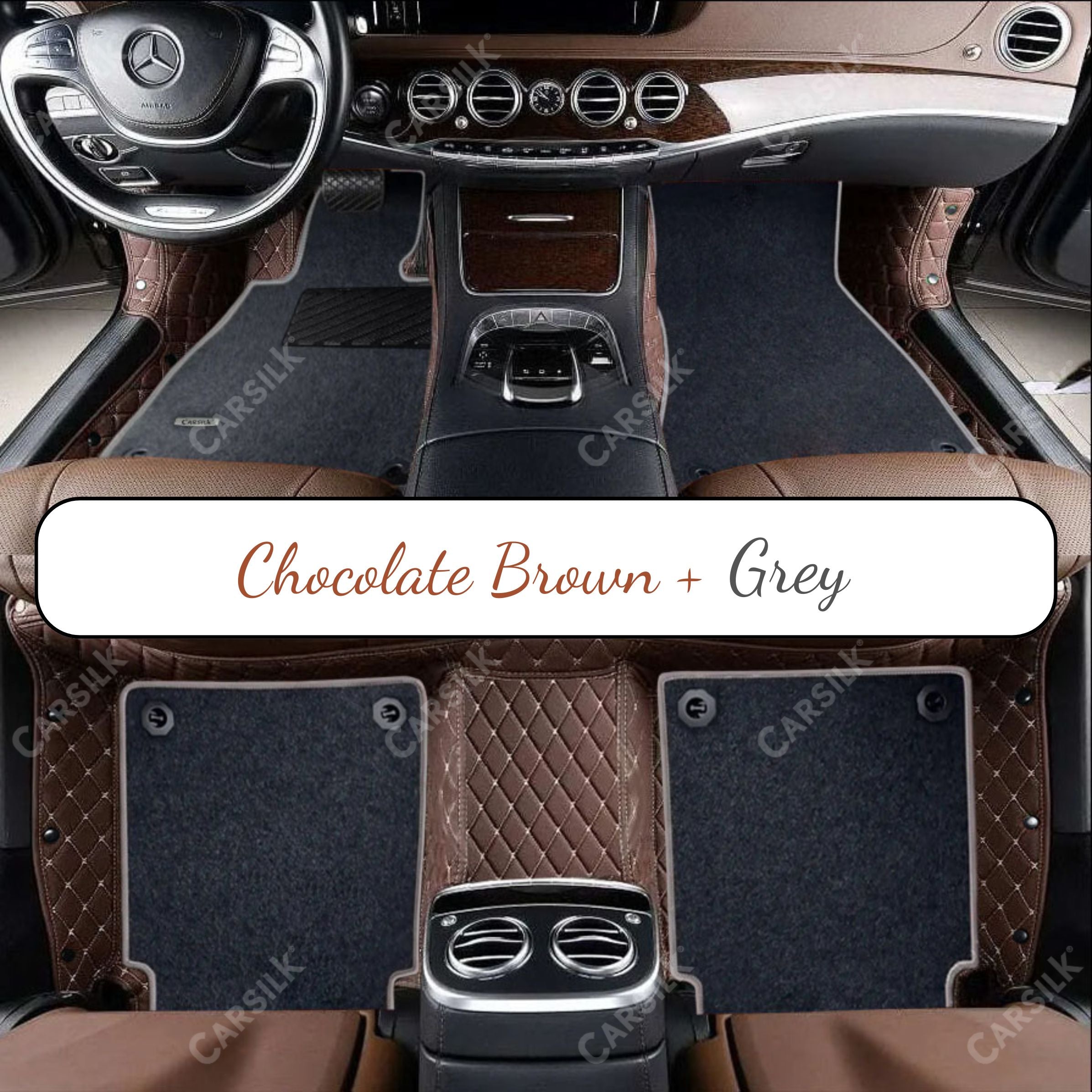 CHOCOLATE BROWN DIAMOND BASE WITH GRAY TOP CARPET DOUBLE LAYER CAR MAT SET