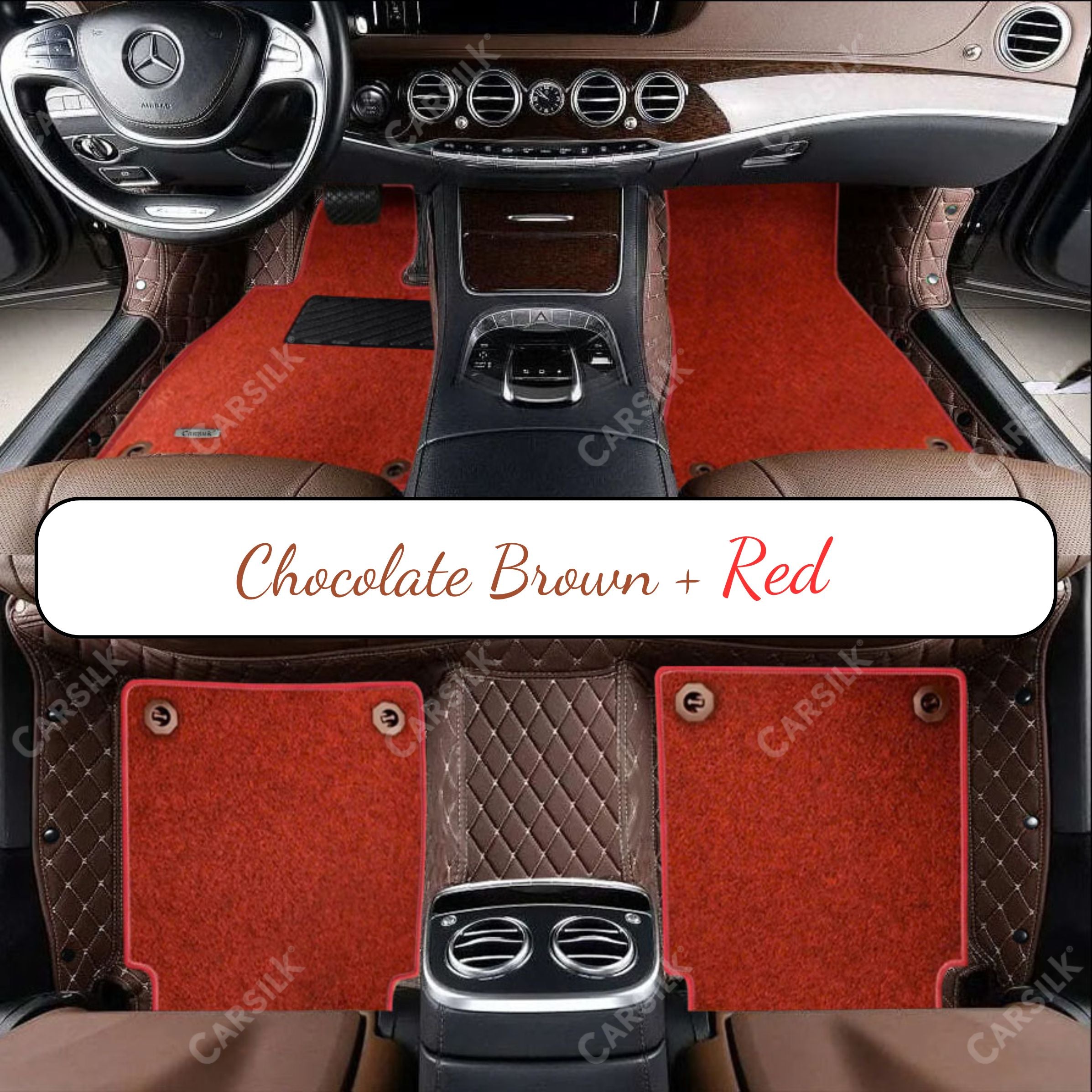 CHOCOLATE BROWN DIAMOND BASE WITH RED TOP CARPET DOUBLE LAYER CAR MAT SET